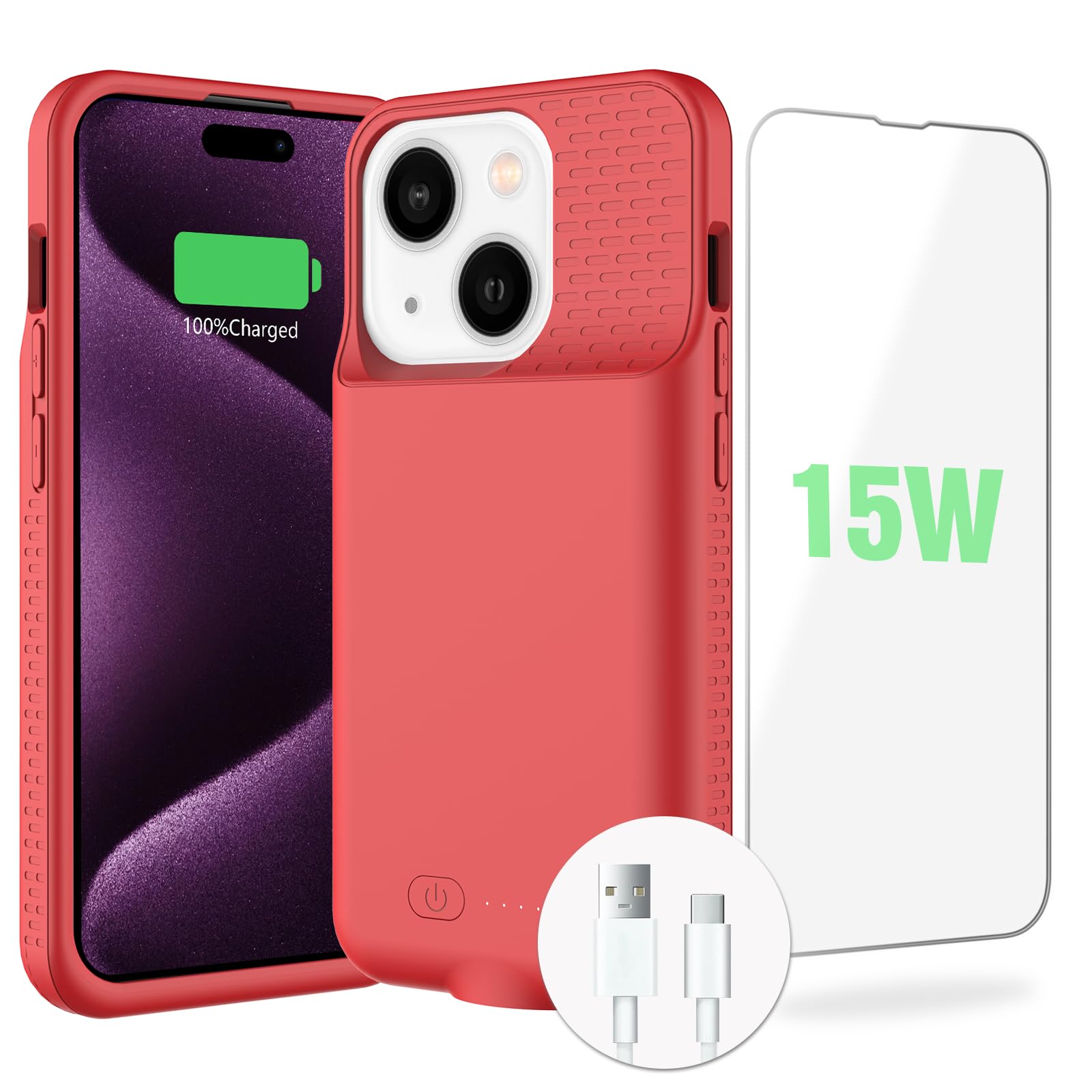 BOPPS Funda de batería rápida 15 W para iPhone 15/15 Pro, ultradelgada, ligera, potente, 7000 mAh, recargable, anticaídas, TPU de, antideslizante