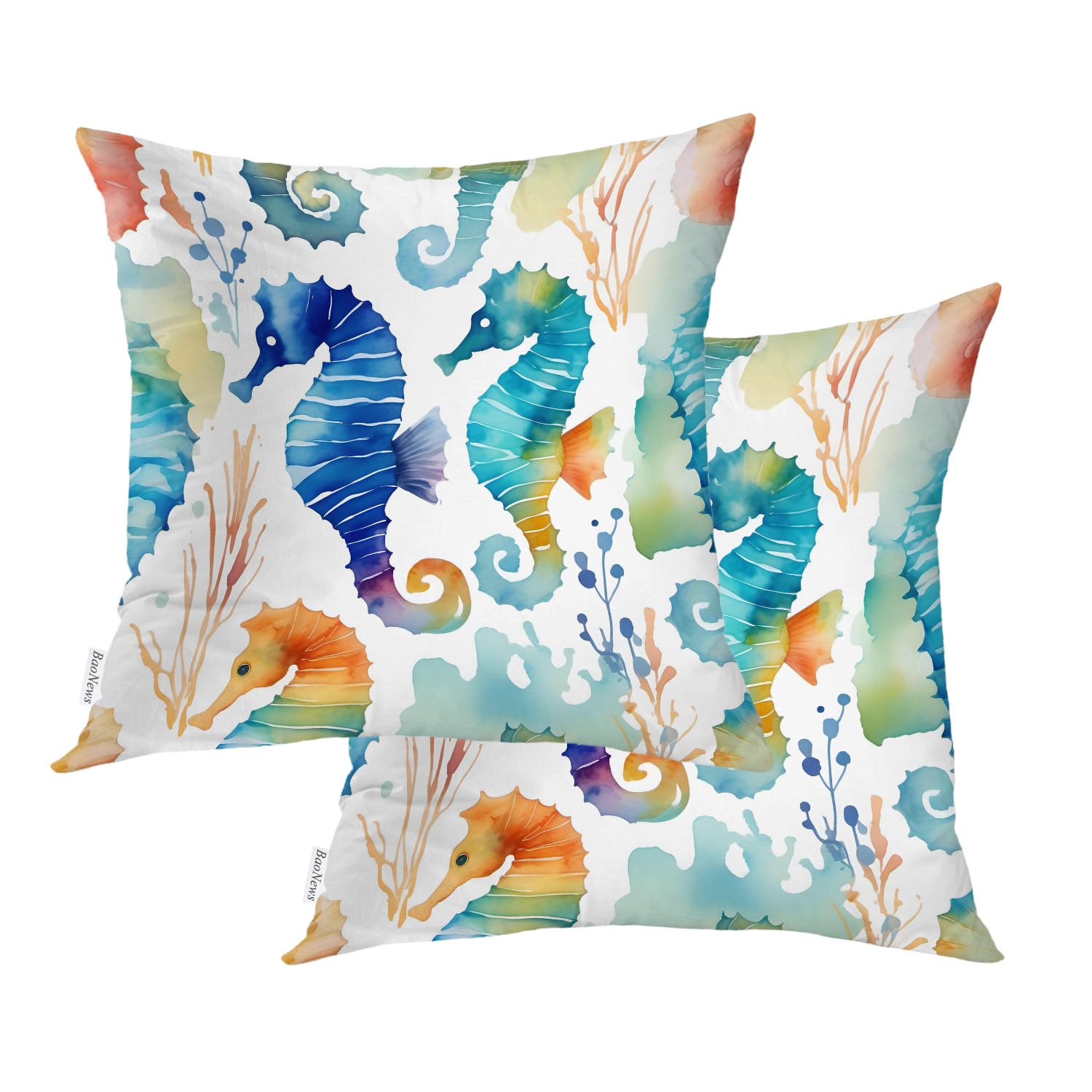 BaoNews Seahorse Cute Watercolor Throw Pillow Covers, Ocean Water White Background Seaweed Cushion Cover Digital Blended Hidden Zipper Decorative