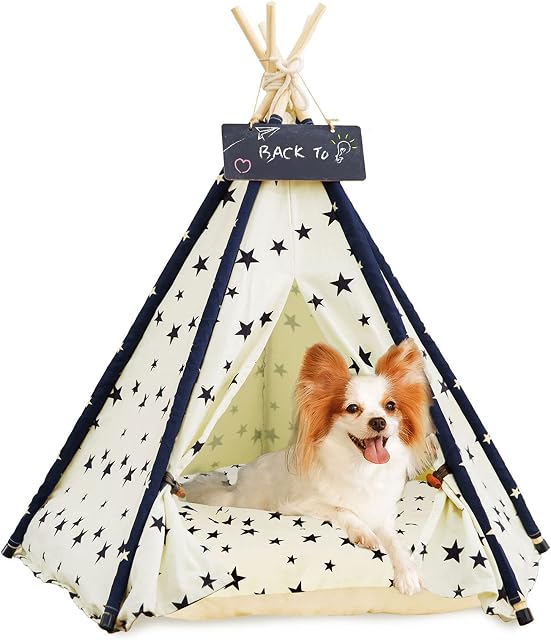 Pets Teepee Dogs Tent Teepee Tent 50x50x60cm Washable Cats Tents Dogs Cats Bed Play House with Removable Washable Cushion Easy Assemble (beige)