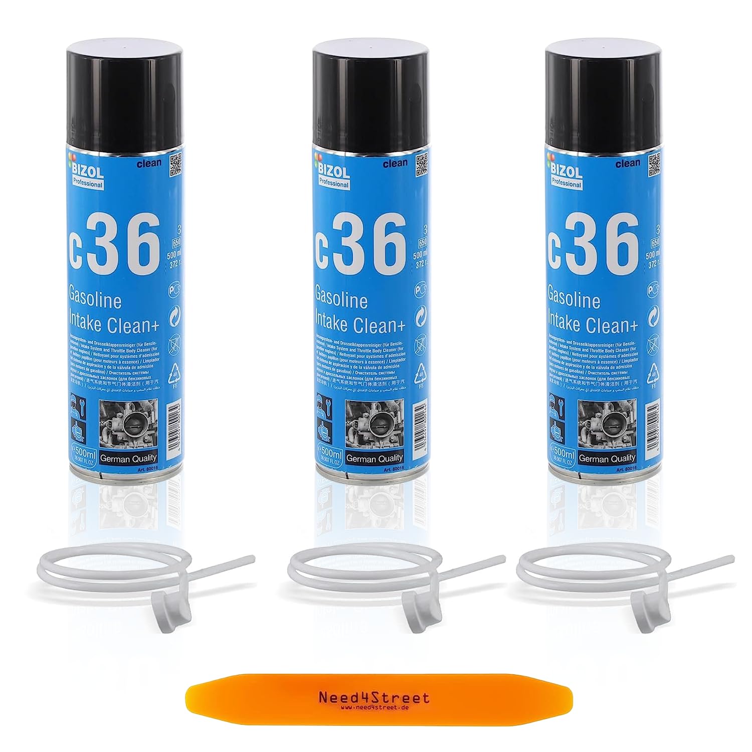 3er Pack BIZOL Gasoline Intake Clean+ C36 Drosselklappenreiniger 500ml mit Entriegelungskeil, Benzin Additiv für Starke Verschmutzungen an Injektoren und Ventilen