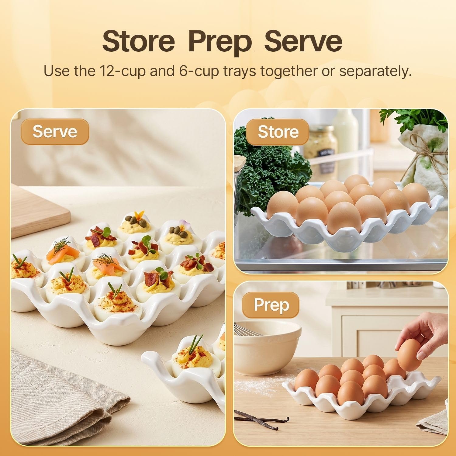 Flexzion 12 + 6 Cups Ceramic Egg Holder for Fridge - 18 Porcelain Egg Tray Container Keeper Storage Organizer Decorative Serving Stand Serveware for Refrigerator Countertop Display Kitchen (White)