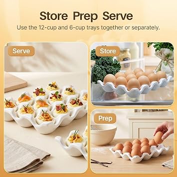 Flexzion Ceramic Egg Holder for Fridge, 18 Cup Porcelain Egg Tray, White