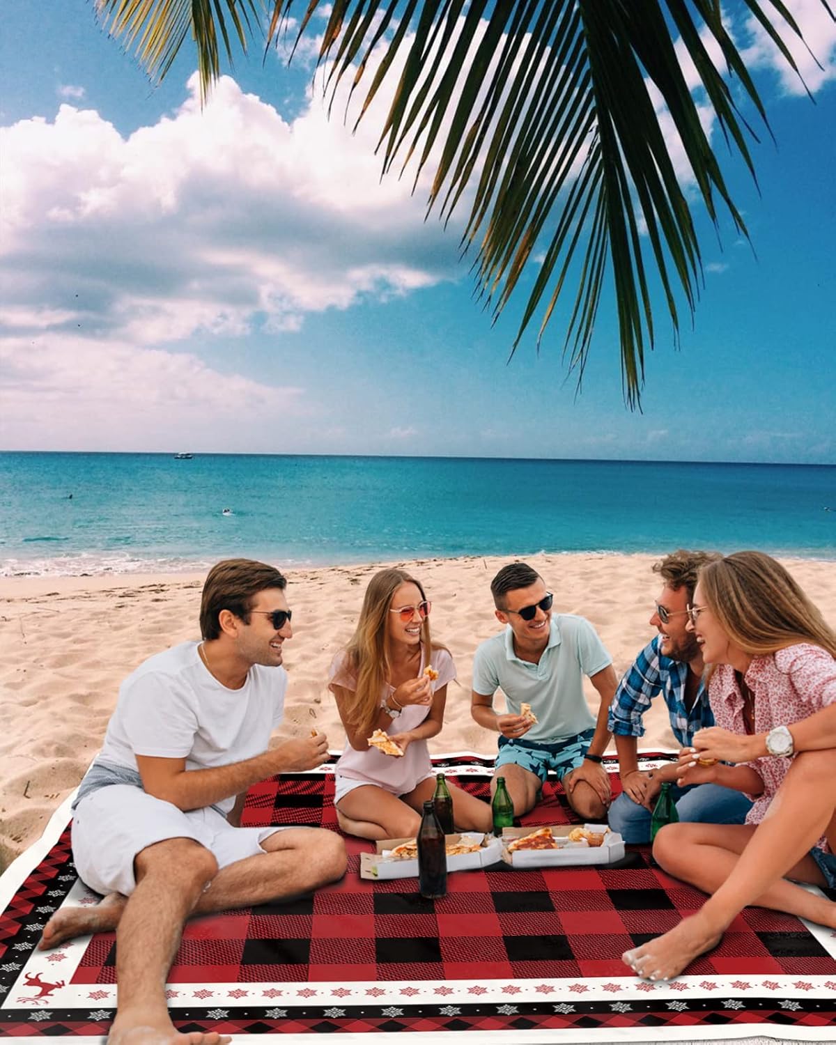 Christmas Retro Elk and Snowflake Beach Blanket Waterproof Sandproof Outdoor Picnic Mat 83"x79" Black and Red Buffalo Lattice Lightweight Large Beaach Blankets with 4 Stake & 4 Corner Pockets