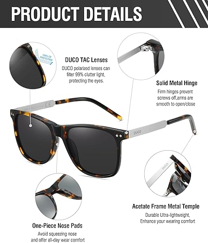 Miniatura 3 de DUCO Gafas de sol polarizadas cuadradas retro para hombres y mujeres, gafas de sol con marco de acetato 100% protección UV 2143