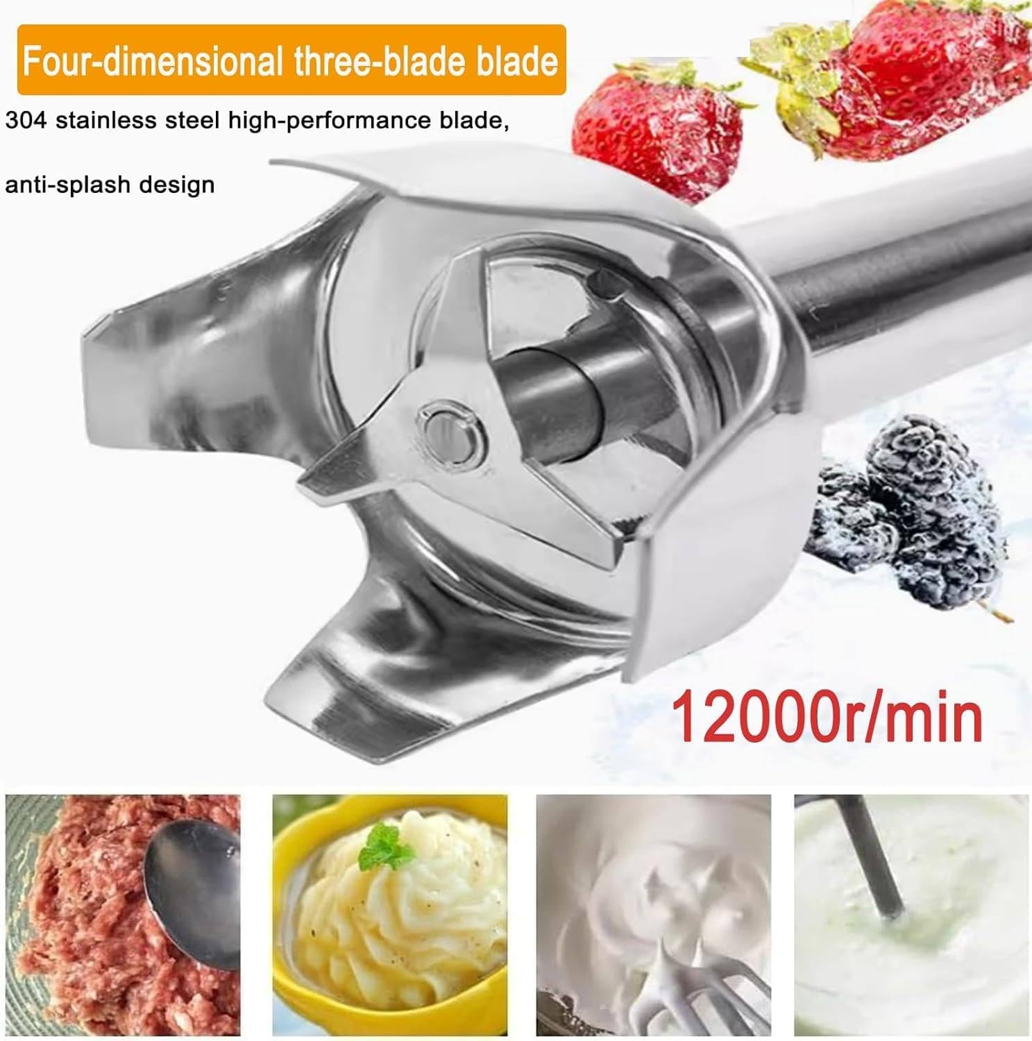 Commercial Immersion Blender, Professional Hand Blender, 500W, 12000RPM, Stainless Steel, 250/300mm Detachable Handle, Electric Hand Blender (250mm)