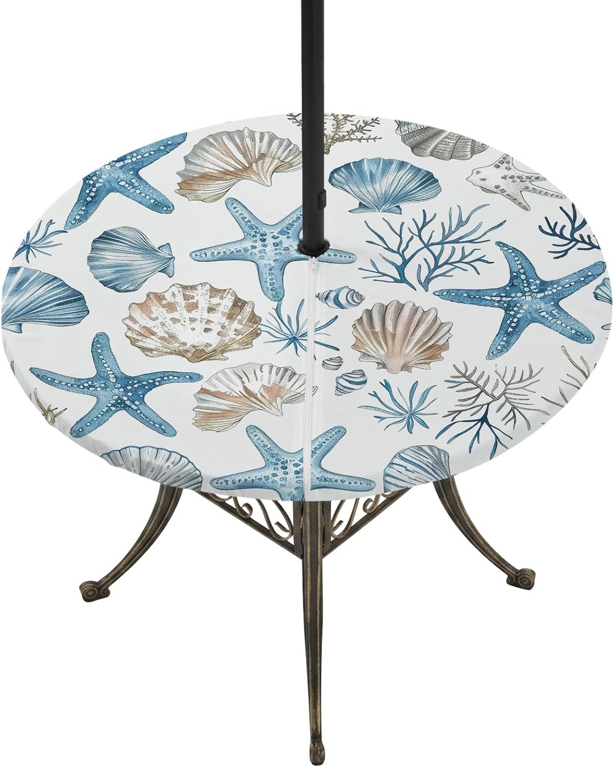 Blue Beige Coastal Waterproof Outdoor Tablecloth with Umbrella Hole and Zipper,Round Fitted Table Covers with Elastic,Summer Beach Nautical Starfish Shell Patio Party Table Cloth Fits 45"-54" Tables image 2