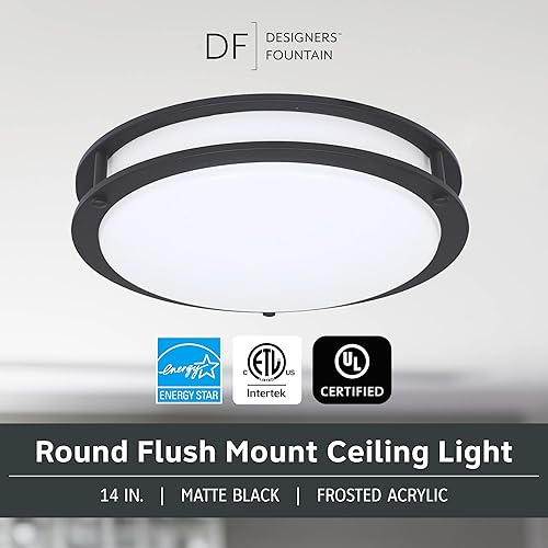 Miniatura 2 de Lámpara de techo redonda de 14 pulgadas, color negro mate, 26 vatios, 1400 lúmenes, regulable, luz LED de CC de montaje empotrado, blanco suave,