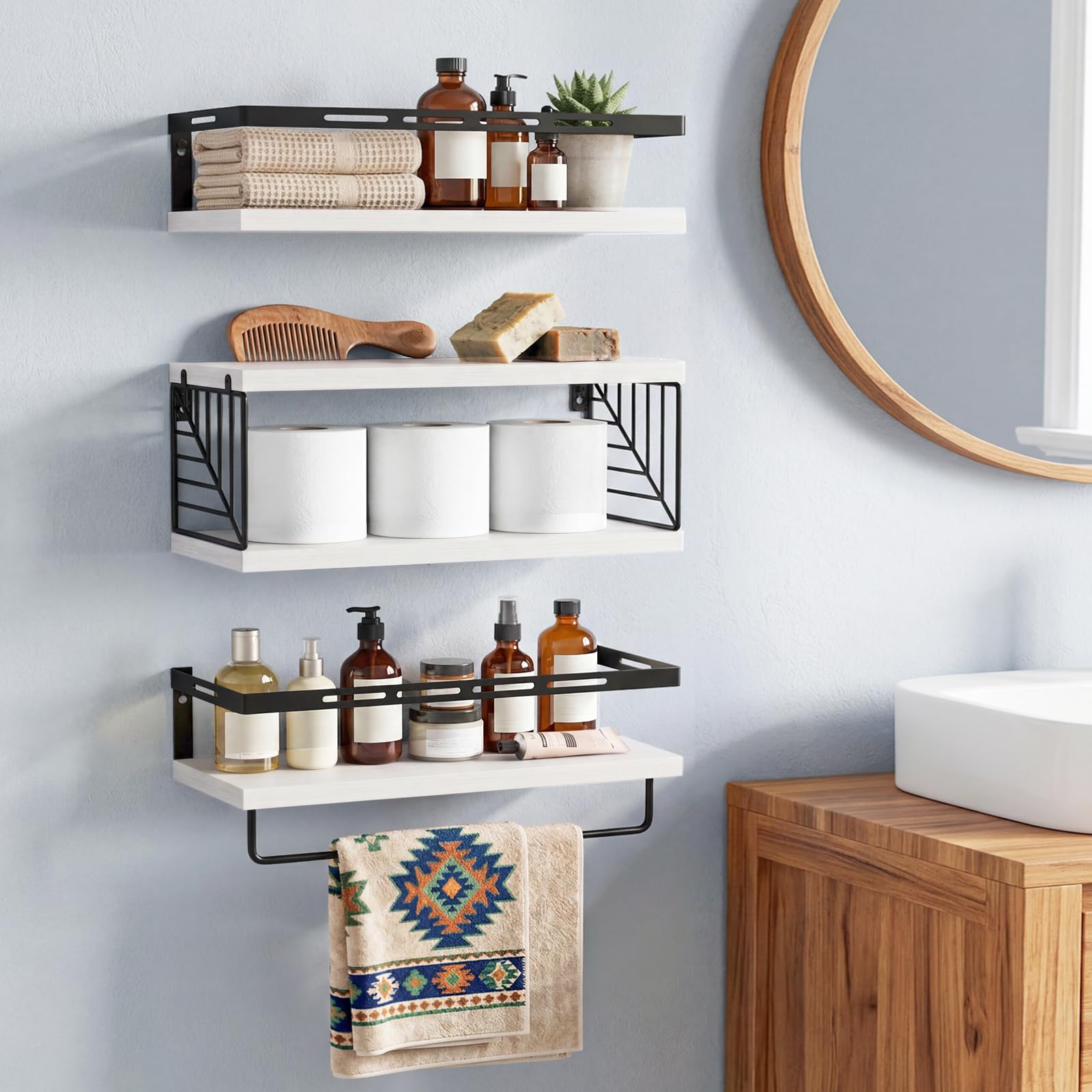 Fixwal Mensole da bagno da parete sopra il WC (3+1 bianco) | Mensola da parete con cestino, portasciugamani, in legno massello, capacità 10 kg, facile installazione fai da te