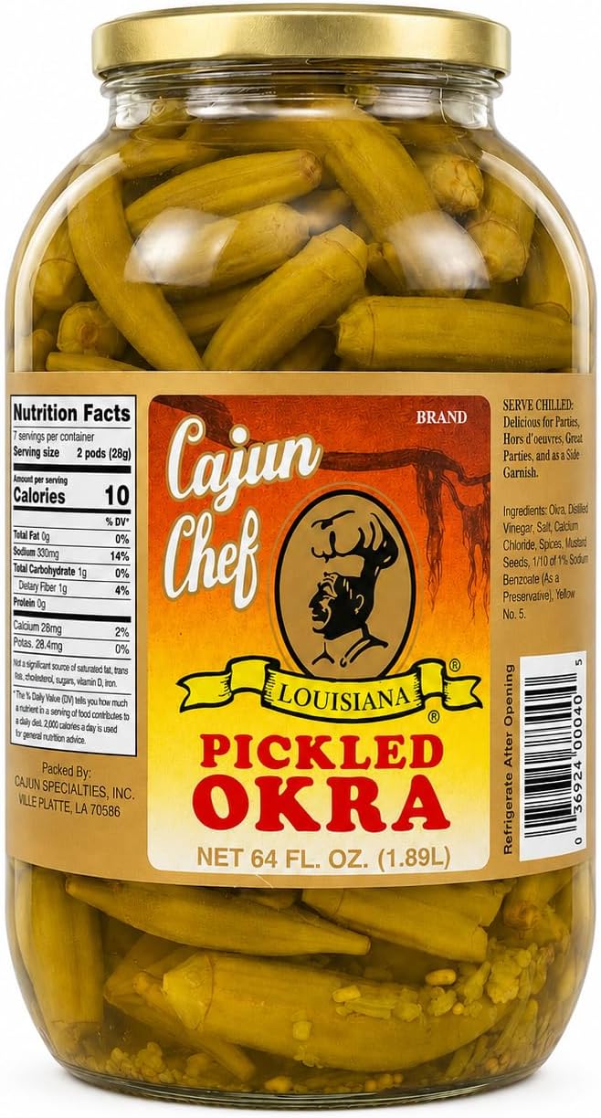 Cajun Chef Pickled Okra 64 oz Jar - Louisiana Style Mild Pickled Okra Packed Full with Garlic Onions and Spices, Tangy Crunchy Snack and Garnish, Perfect for Bloody Marys Salads Parties and Cajun Meals