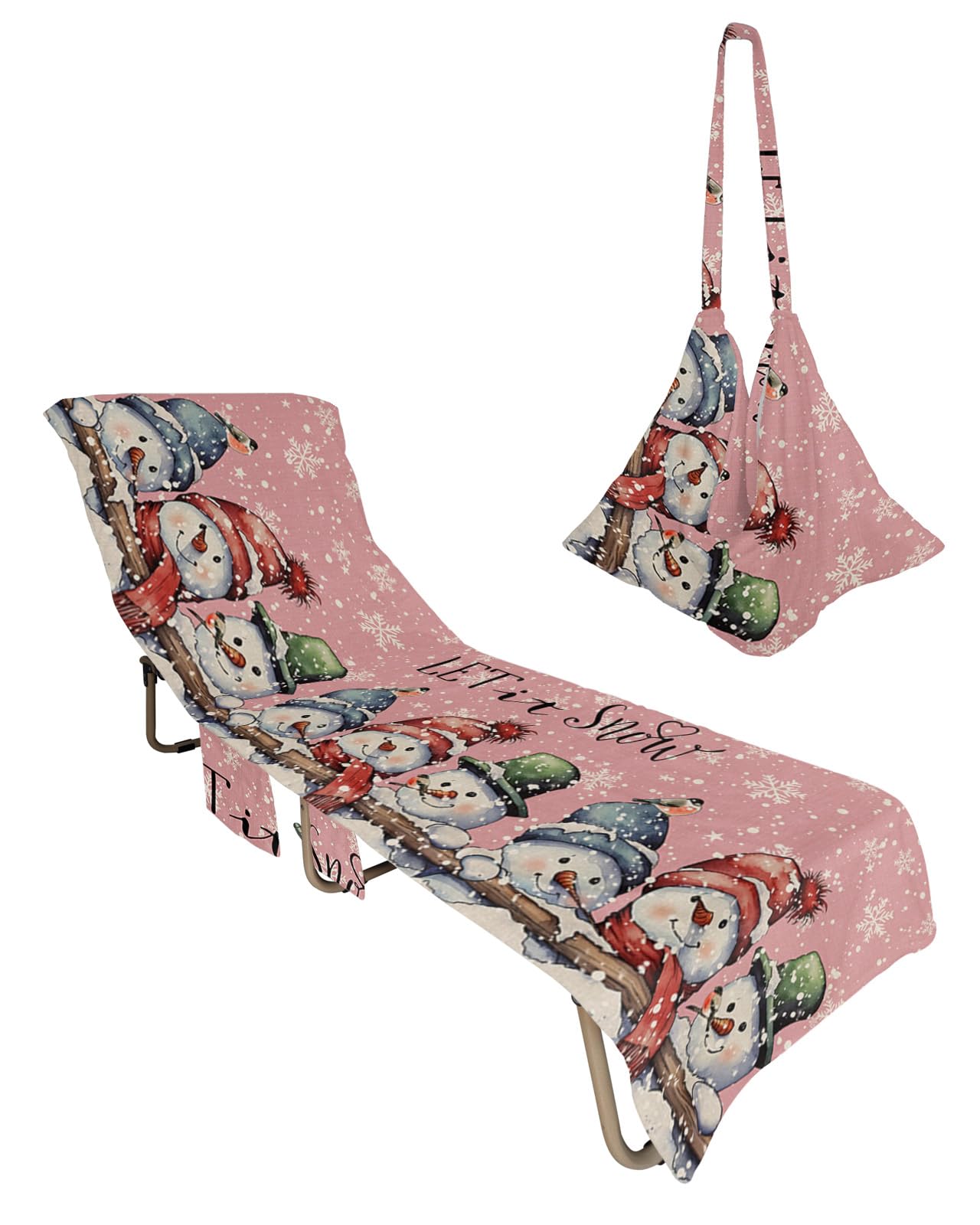Christmas Beach Lounge Chair Towel Cover, Soft Chaise Lounge Towel with Side Pockets Patio Pool Chairs Cover for Beach/Pool Sunbathing 29x85 Xmas Snowman Winter Snowflake Pink