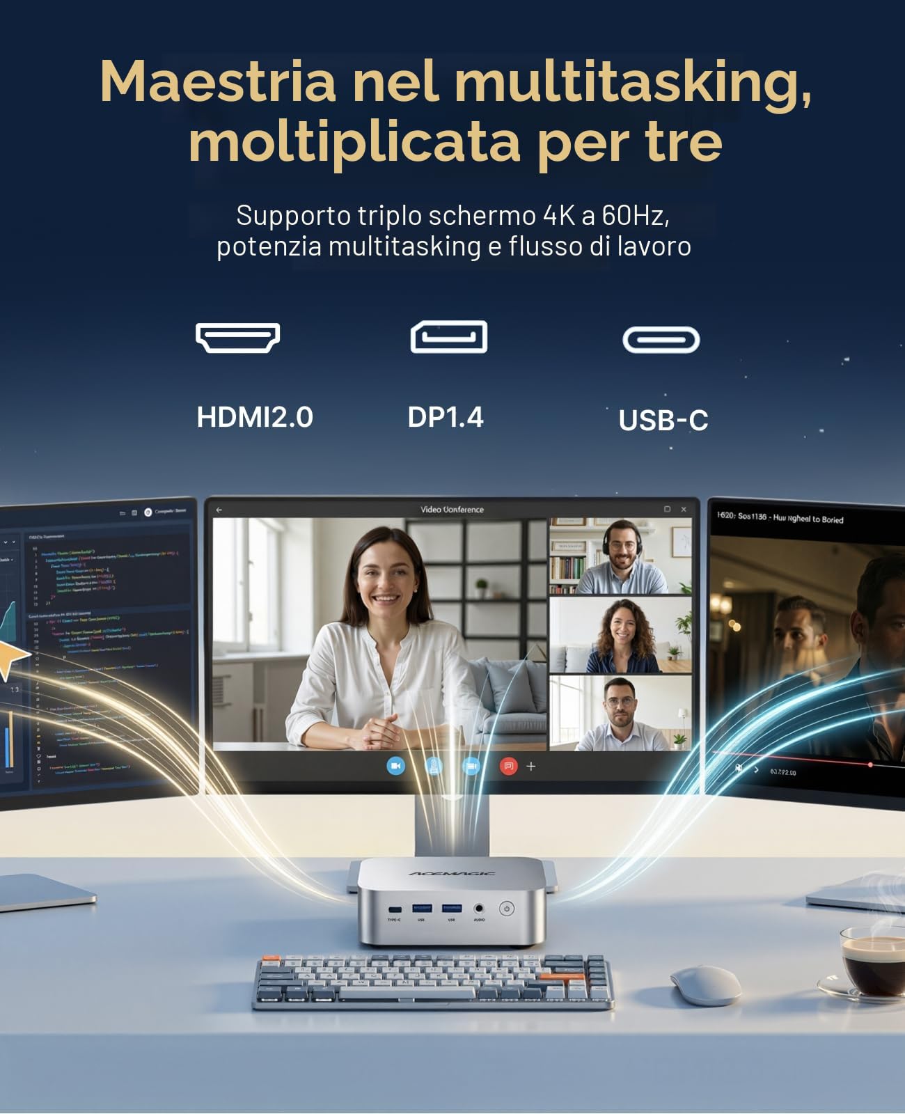 ACEMAGICIAN Kron Mini K1 Mini PC, AMD Ryzen Embedded R2544 (Fino 3,7 GHz), 8GB DDR4 256GB M.2 2280 SSD, Mini Desktop Computer W-11 Pro,Wifi 5/BT4.2/4K UHD, per Ufficio