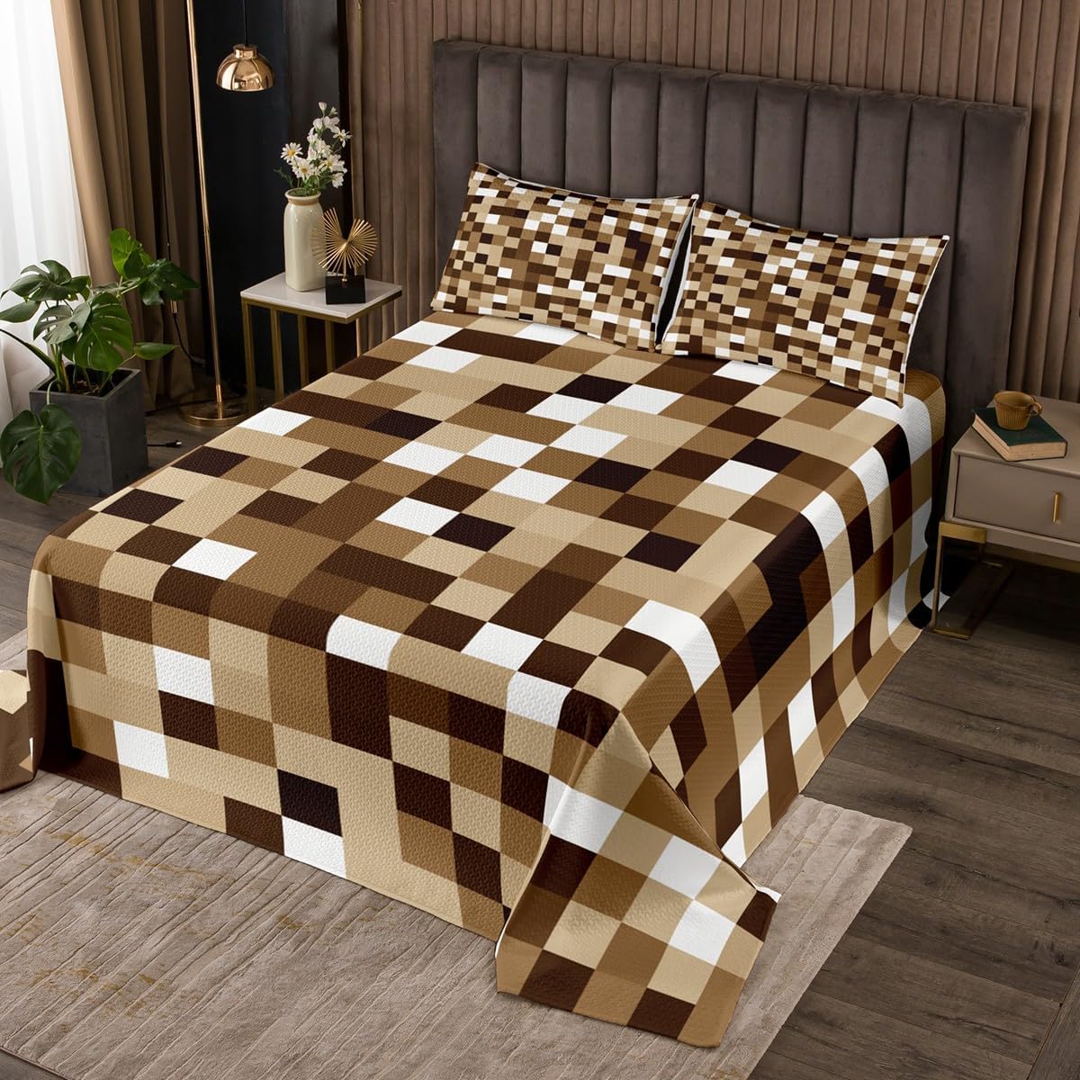 Castle Fairy Blue Pixel Block Bedspread Twin Size,Miners Video Games Bedding Sets 2Pcs for Kids Girls Boys Room Decor,Geometric Plaid Comforter Set Modern Cool Quilt Coverlet,1 Pillowcase
