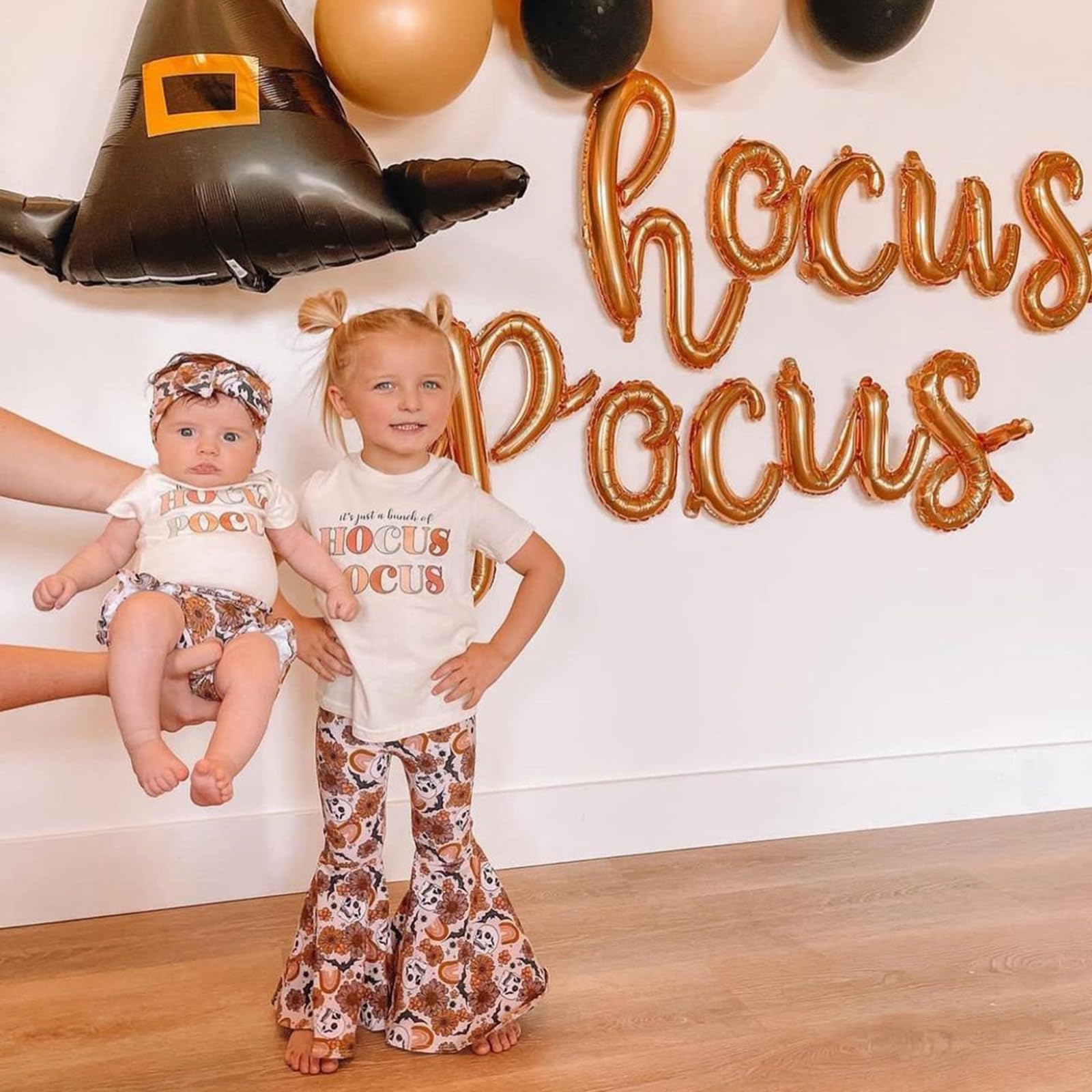 Hnyenmcko Baby Girl Halloween Outfit Long Sleeve Letter Print Tops Pumpkin Flared Pants Headband Set 3Pcs Fall Clothes (A-White, 2-3 Years)