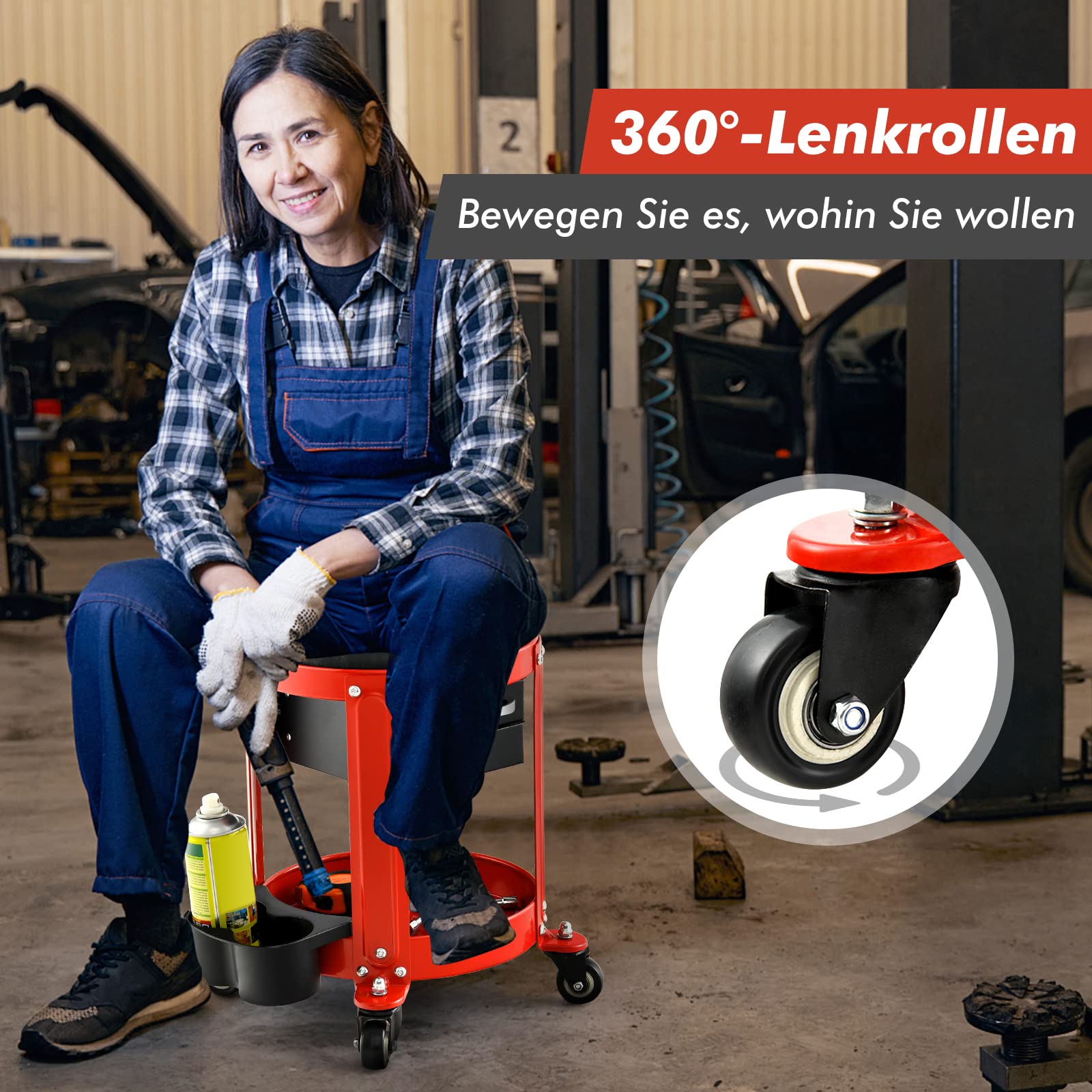COSTWAY Werkplaatskruk, 150 kg belastbaar, werkplaatsstoel met 2 laden