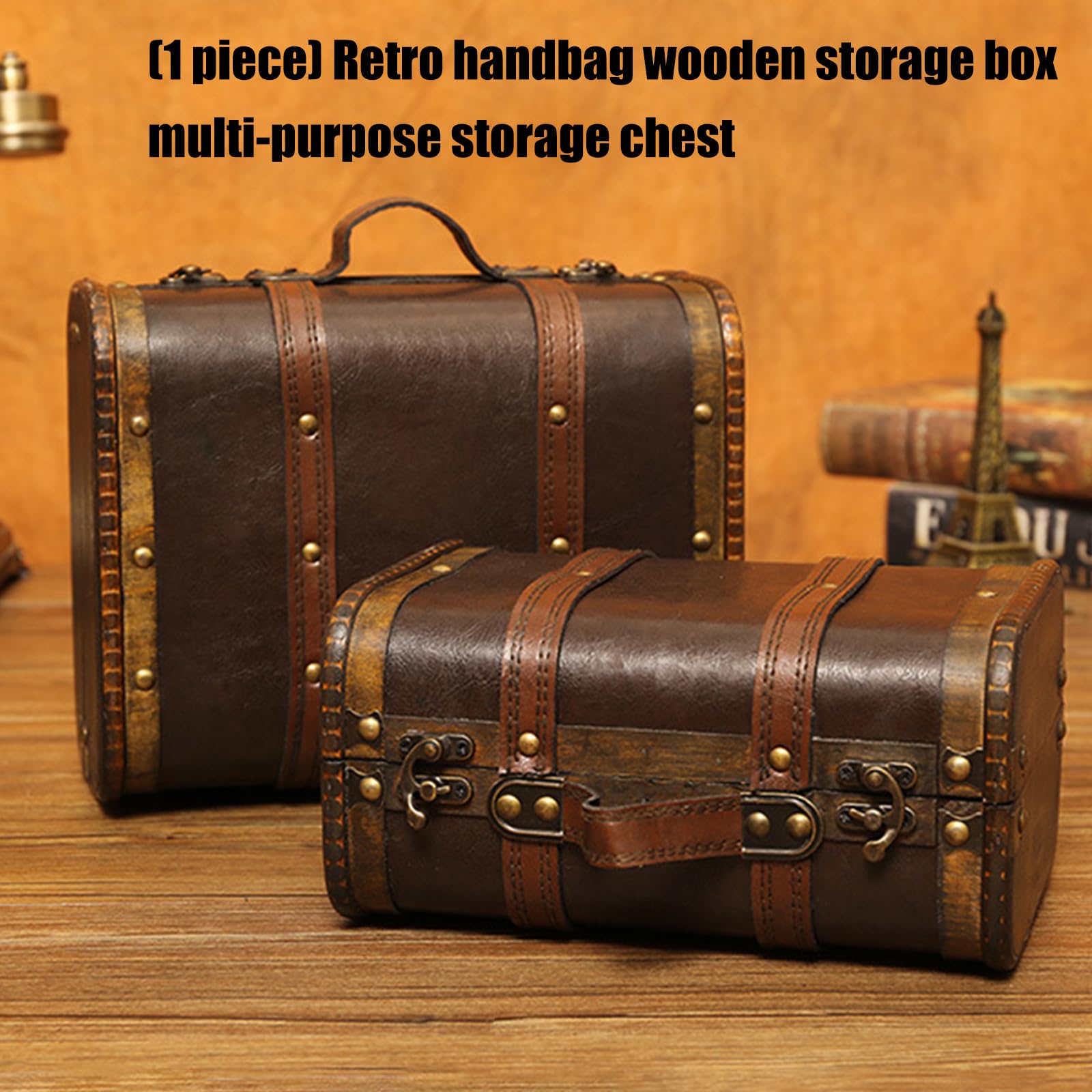 Maletero de Madera con de Piel sintética, Estuche de Transporte, contenedor de Almacenamiento portátil para Joyas, cosméticos y coleccionables, Organizador de Viaje de Madera de Mano