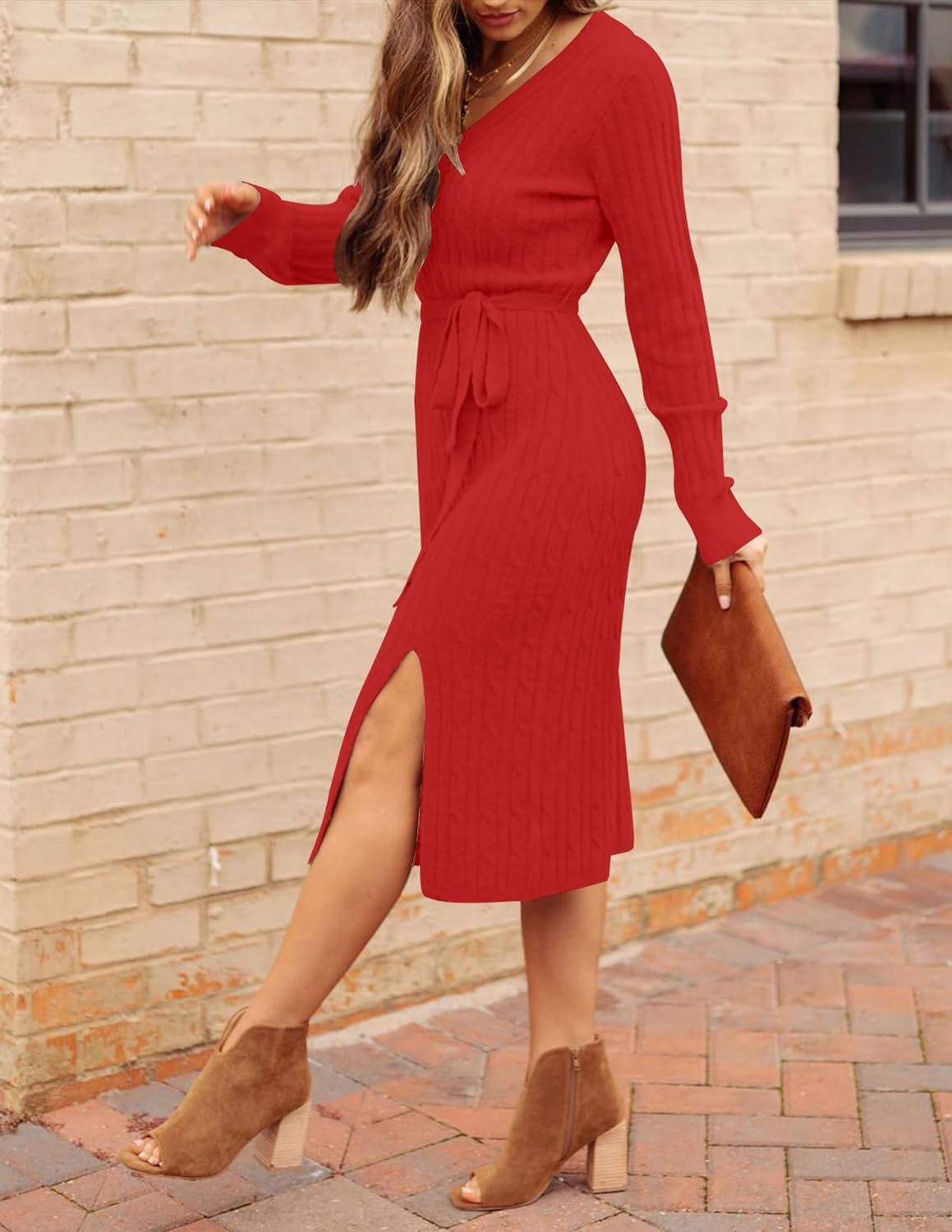 MEROKEETY Women's Winter Spring Long Sleeve Sweater Dress 2026 Fall V Neck Cable Knit Slit Bodycon Midi Dresses - Image 3