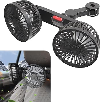 1 PC Car Rear Seat Headrest Fan, 9.84" x 4.13" Portable 360-degree Rotating Five-blade Three-speed Adjustable Silent USB Double-head Fan, Auxiliary Cooling Accessory, for Most Models Black