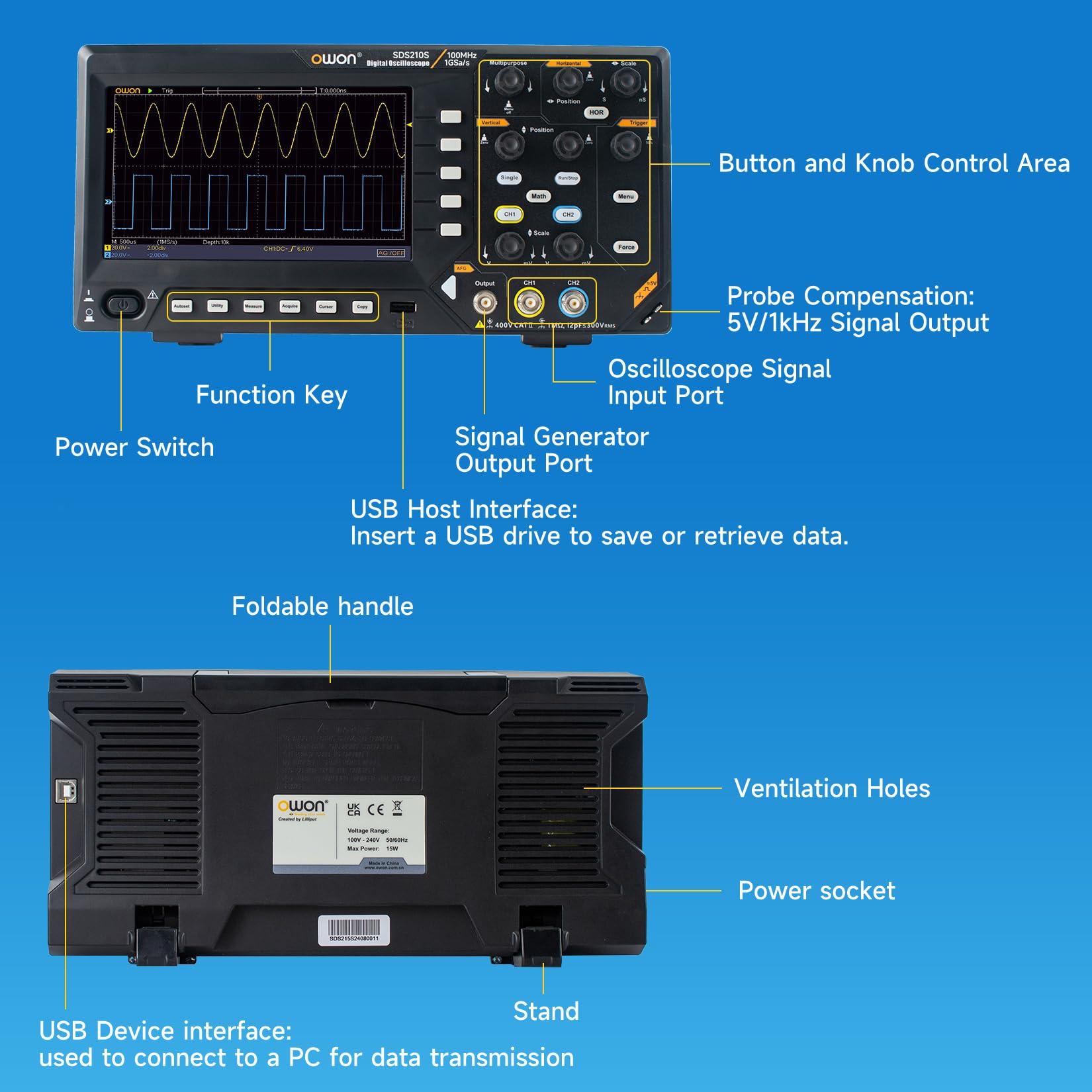 Owon SDS210S 25MHz Arbitrary Waveform Generator 100Mhz, 2CH 1GS/s, 20M Dual-Channel Digital Oszilloskop