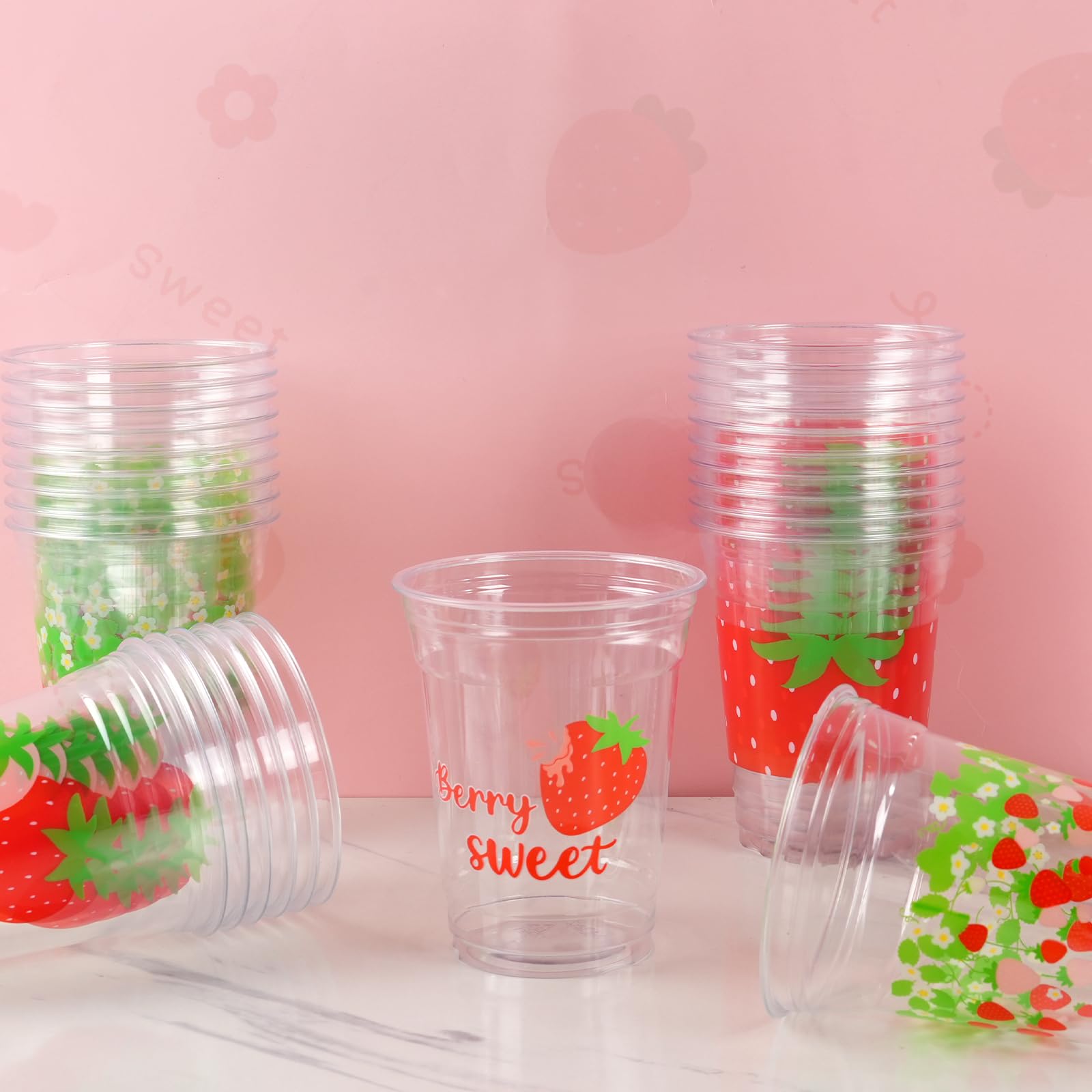 CUPLOOV 50Pcs Strawberry Party Decoration Cups, 12 OZ Disposable Plastic Strawberry Cups for Berry First Birthday Party Decor Supplies