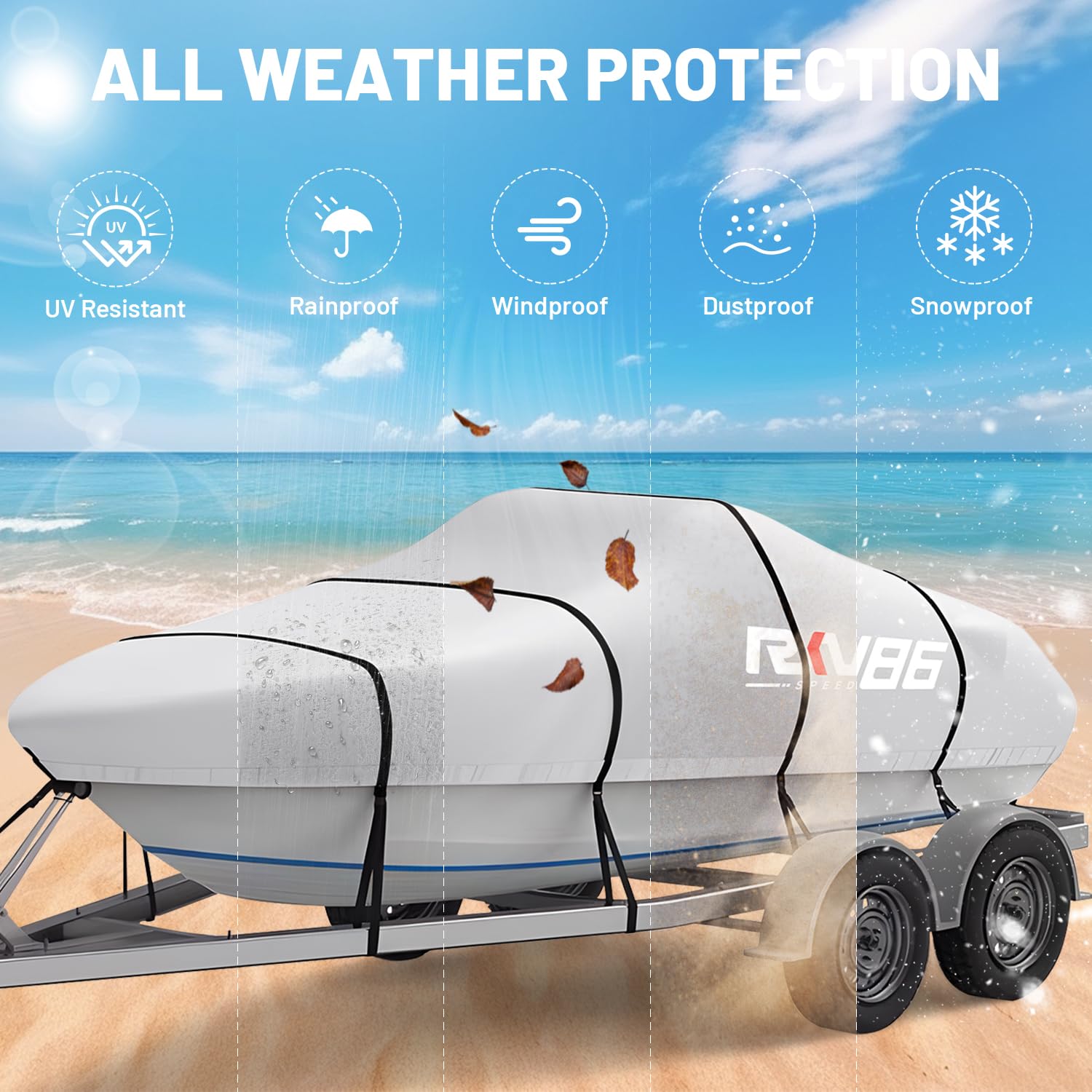 Funda para Barco con Remolque de 6,1 a 6,7 m, Lona Impermeable de poliéster 600D Resistente, de Grado Marino, con Bolsa, Apta para Casco en V, trimarán, lancha de Pesca y Proa Abierta, Plateado