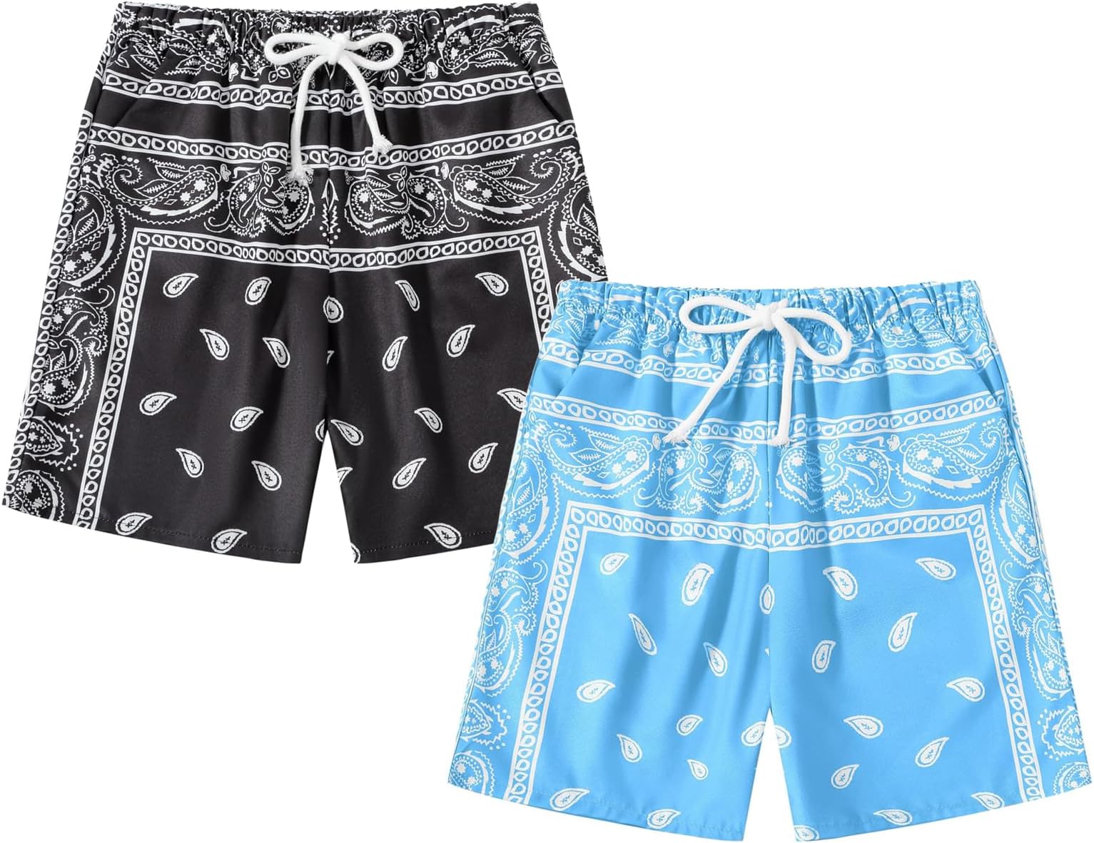 Boy's 2 Pack Summer Boho Paisley Print Shorts Kids Drawstring High Waisted Graphic Bandana Shorts with Pocket