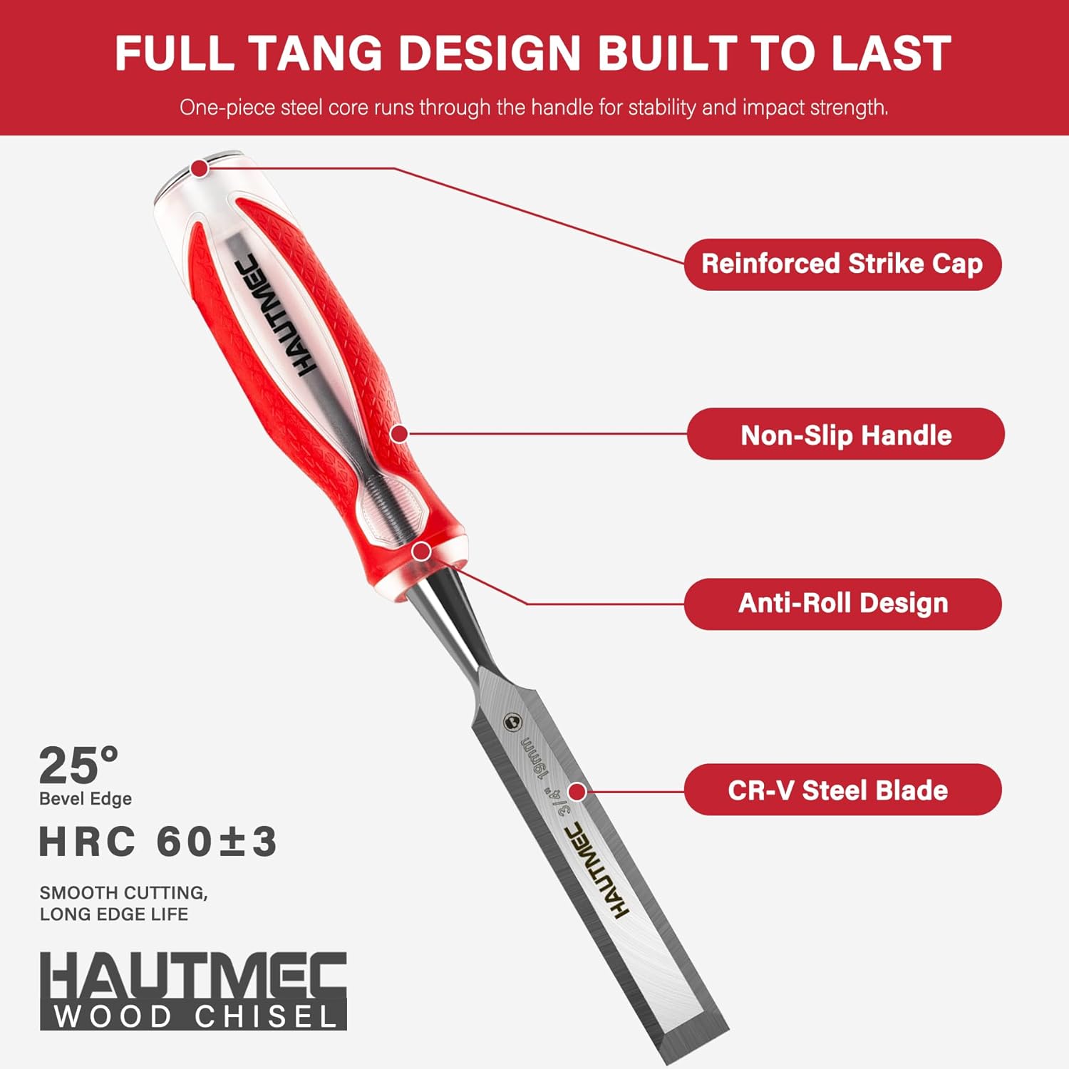 HAUTMEC Wood Chisel Sets, 5 Piece Chisel Set for Woodworking, Full Tang Drop-Forged CR-V Steel Beveled Edge Blades with Carry Storage Bag and Ergonomic Non-Slip Handles
