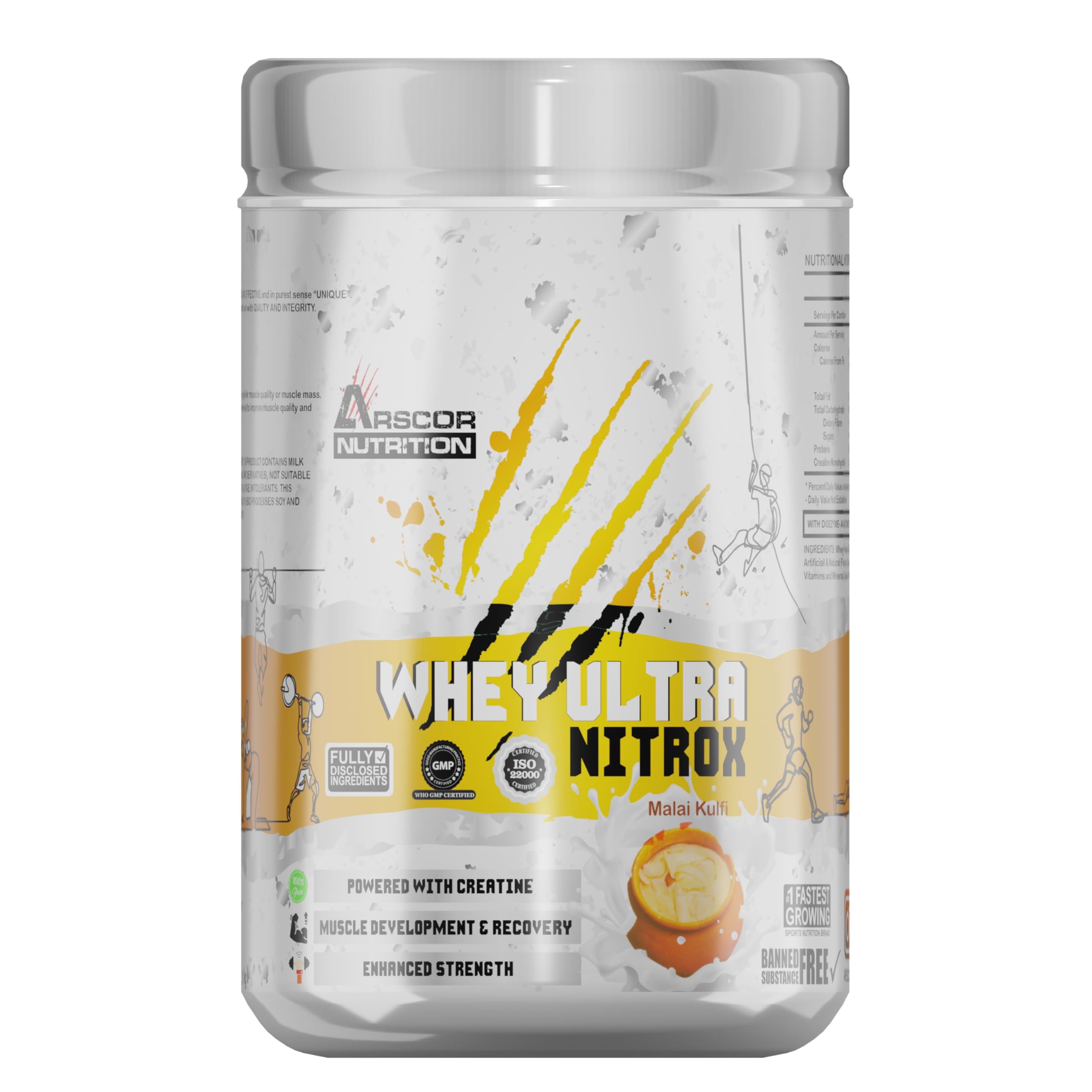 Arscor's Whey Ultra Nitrox – Whey Protein Powder | 24g Protein per Serving | Fast Absorption for Muscle Growth & Recovery | Added Digestive Enzymes (1 Kg, Malai Kulfi)-image-47
