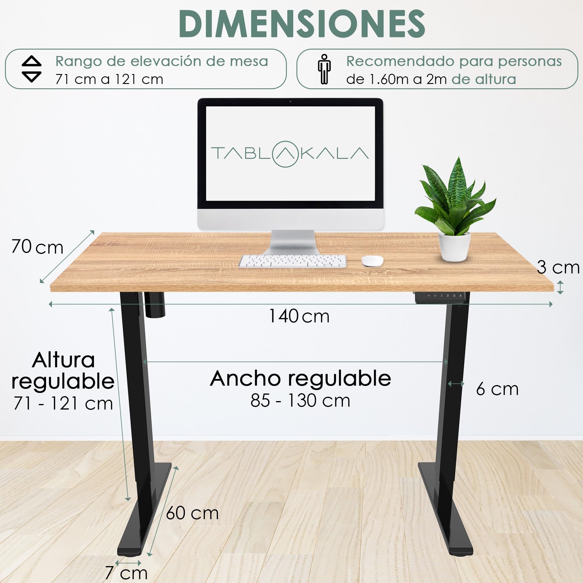 Escritorio Elevable Eléctrico | Tablero 140x70 cm Roble | Patas Negras | Ajustable en Altura 71-121 cm | Standing Desk Ergonómico, Mesa Elevable