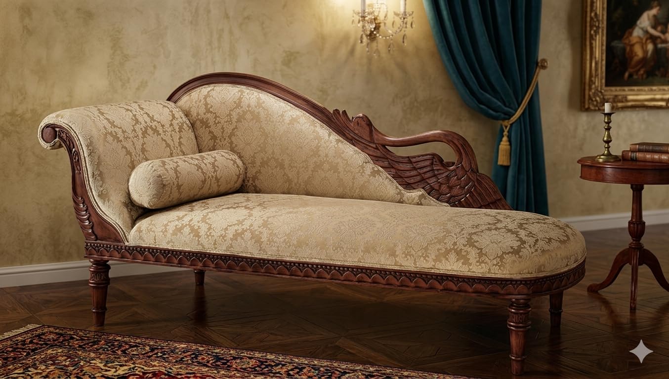 Teak Wood Chaise Lounge Diwan Sofa Set for Living Room | 3-Seater Wooden Diwan Sofa with Cushion and Floral-Patterned Fabric Upholstery | Mahogany Finish (Divan)-image-14