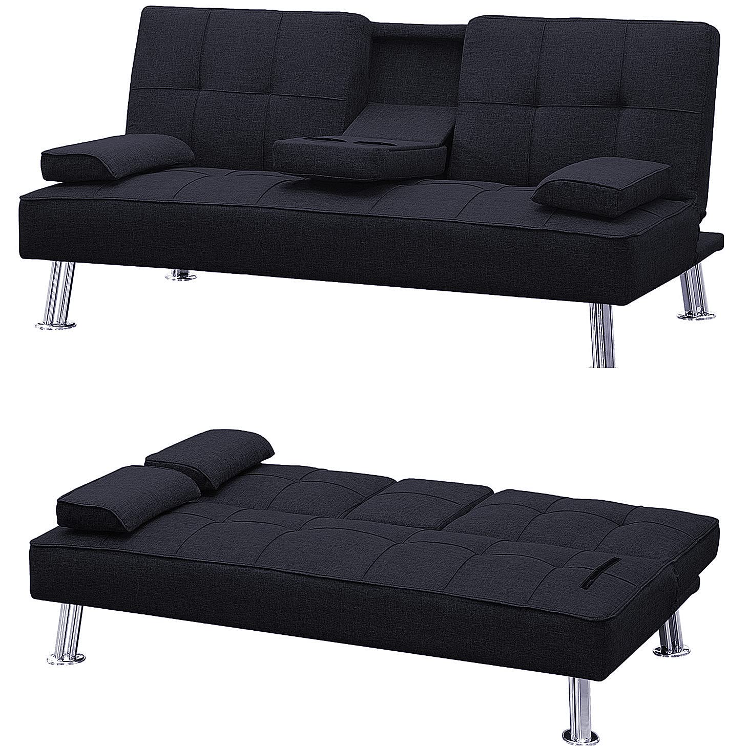 Futon Sofa Bed Modern Linen Fabric Couch Bed Loveseat Convertible Daybed with 2 Cup Holders and Removable Armrests for for Compact Living Space Apartment Dorm Office (Flax Black)