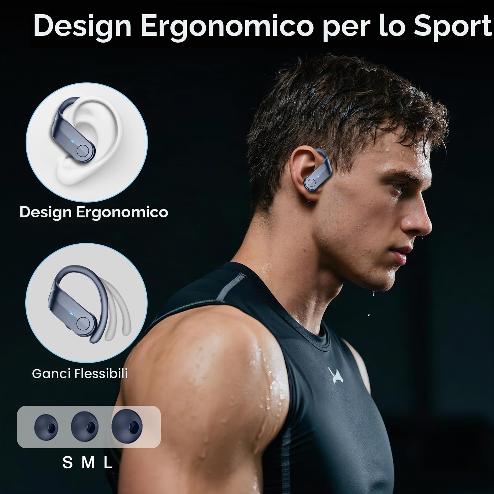 Cuffie Bluetooth 5.4 Sport, Auricolari Bluetooth 70 Ore HiFi Stereo,Cuffie Wireless Impermeabili IPX8,4 ENC Cancellazione Rumore Mic,Con Display a LED, Headphones Per Corsa e Sport Estremi, Blu