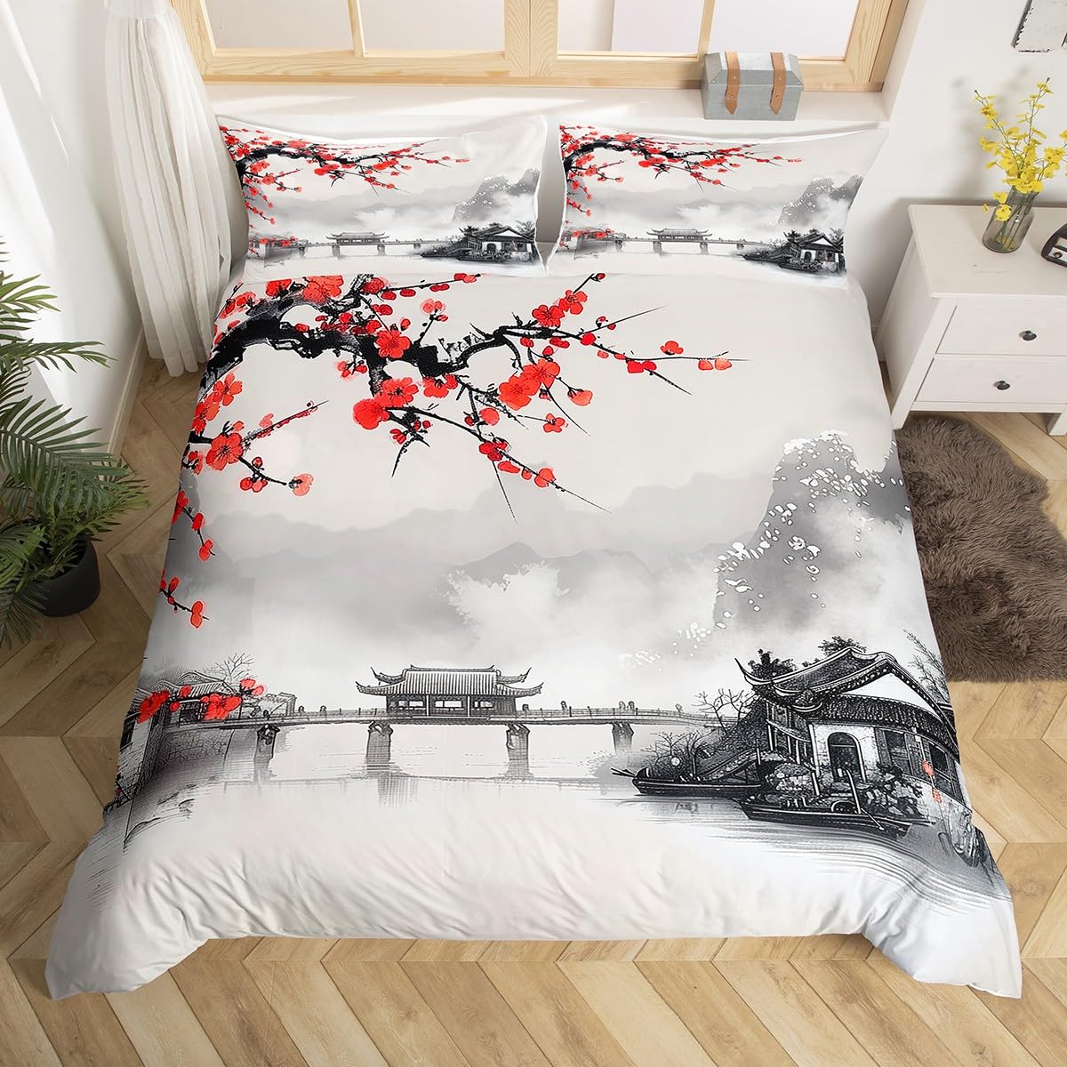 Loussiesd Chinese Ink Painting Style Duvet Cover Double Size Red Cherry Blossoms Bedding Set for Kids Boys Girls Winter Theme Floral Print Comforter Cover Romantic Themed Bedroom 3Pcs — image 1