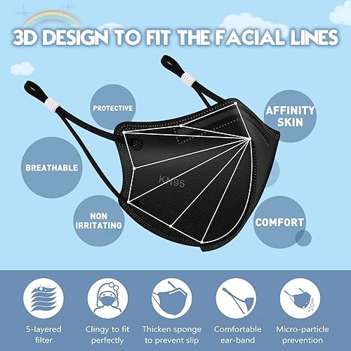 Miniatura 3 de Mascarilla KN95 para niños, paquete de 50 unidades, mascarillas KN95 transpirables de 5 capas para niños, color negro