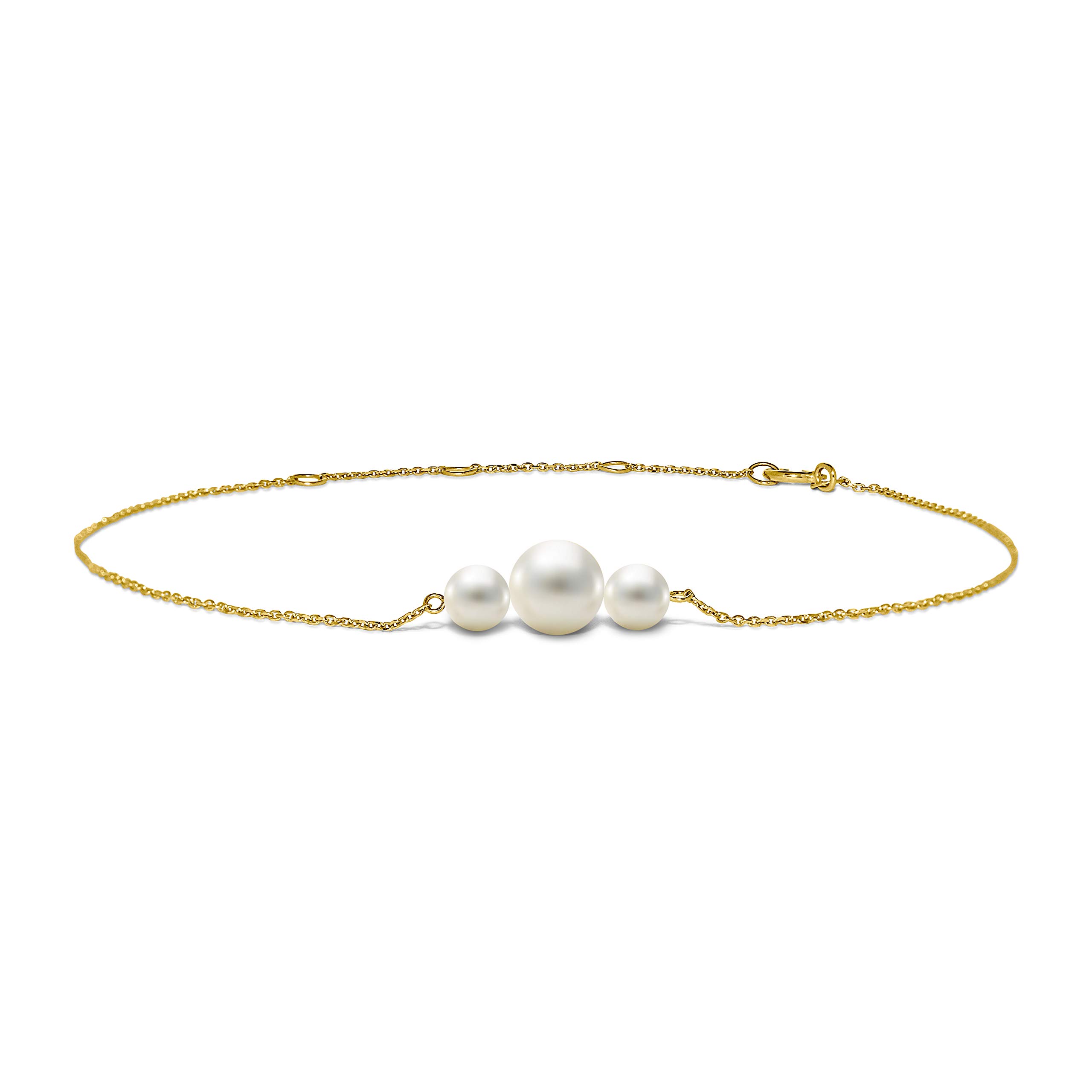 MIORE Schmuck Damen Armband mit 3 weiße runde Süßwasserperlen 6.5 mm Armkette aus Gelbgold 14 Karat / 585 Gold, Länge Einstellbar 18-22cm