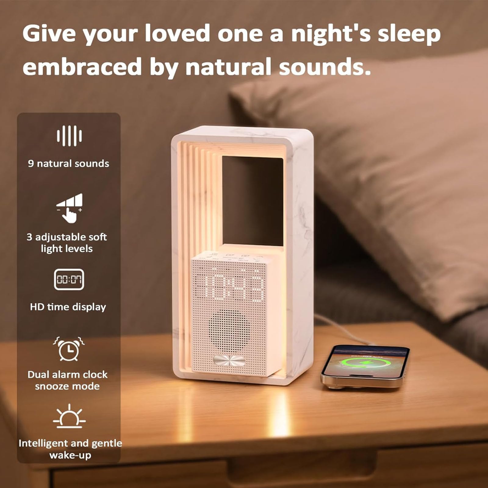 Sonnenaufgangswecker mit Nachtlicht, Dimmbares Display, Einschlafhilfe-Töne, automatische Abschaltung, USB-Ladeanschluss, ideal für zu Hause oder auf Reisen
