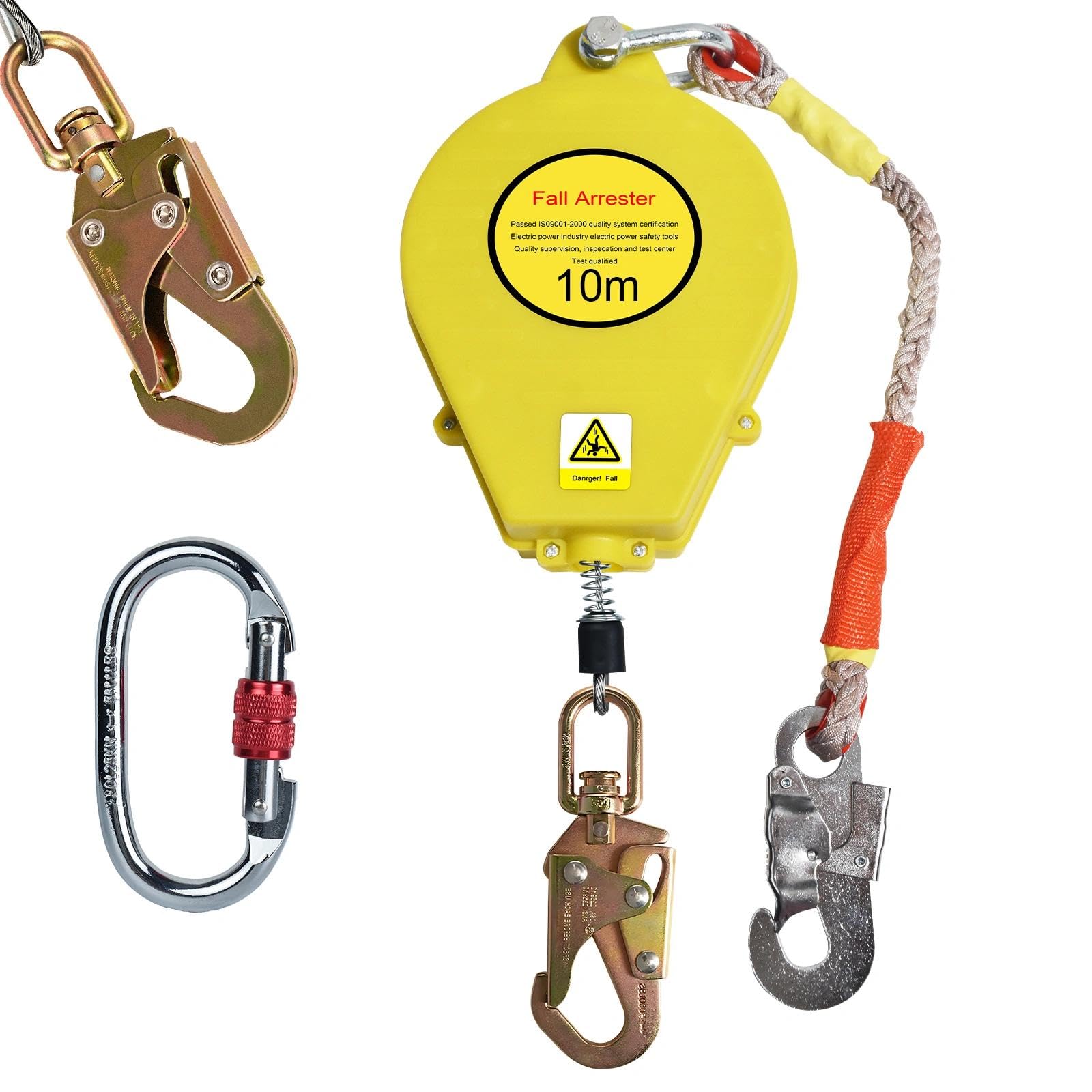 Dispositif Anti Chute Retractable, Stop Chute à Rappel Automatique 10m, 150kg Kit Harnais Anti Chute avec Certifié CE pour Toiture, Crochet Pivotant Amélioré - Mousqueton，Jaune：10m