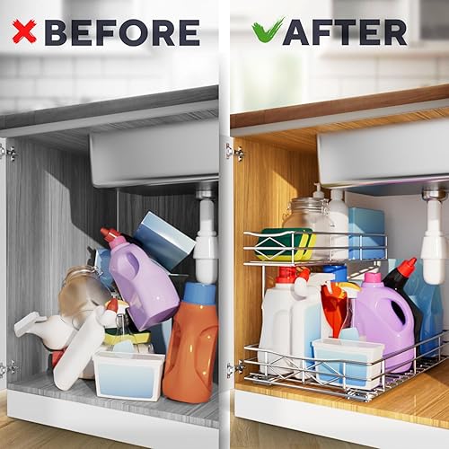 Miniatura 4 de Estantes organizadores extraíbles para gabinete, organizador de cocina de 2 niveles para debajo del fregadero, cajón deslizante de gabinete de alta