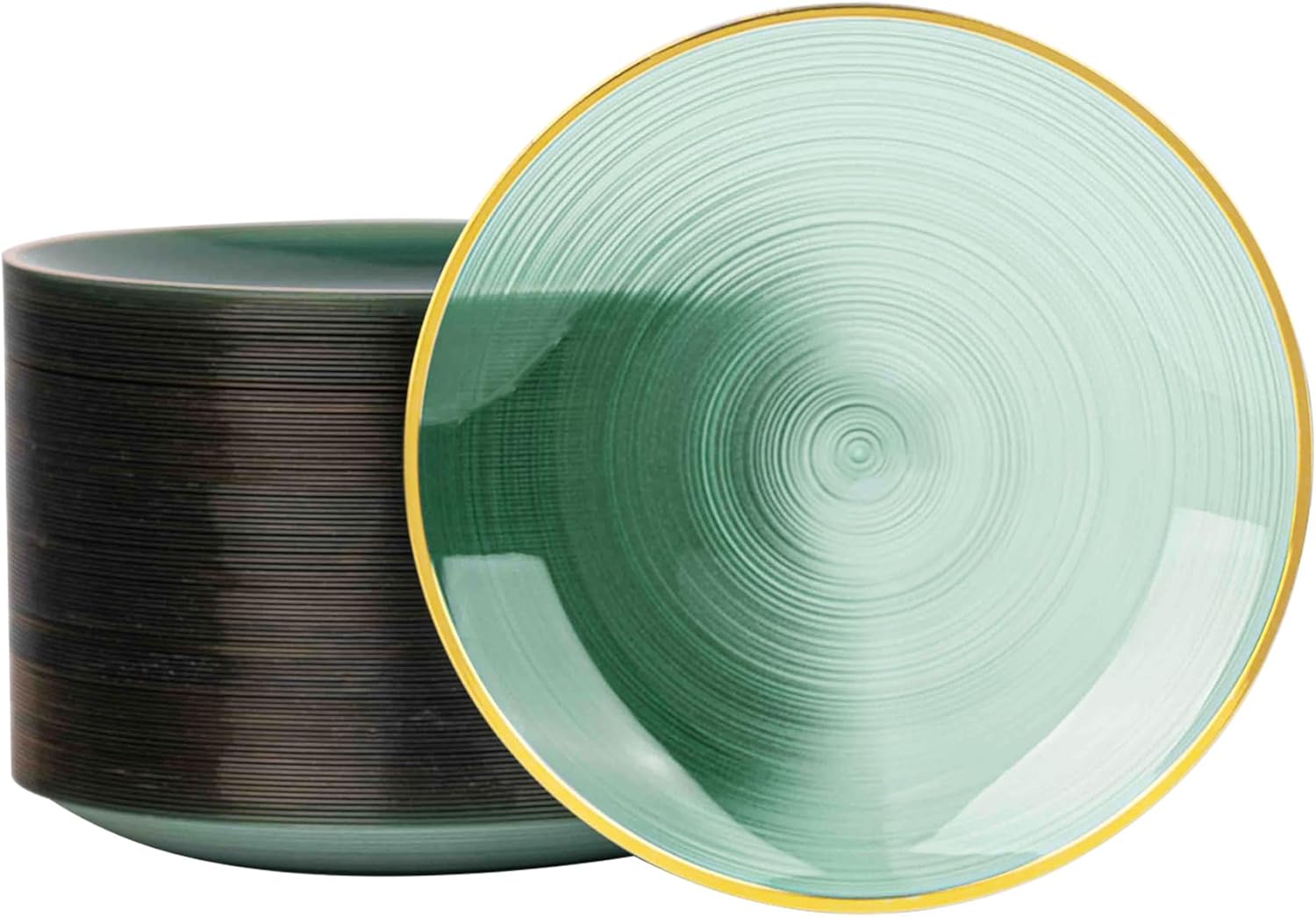 100PCS Transparent Green Gold Plastic Plates, 7 Inch Heavy Duty Disposable Dessert Plate with Gold Rim, Round Appetizer/Salad Plates for Wedding, Party, Camping, Picnic