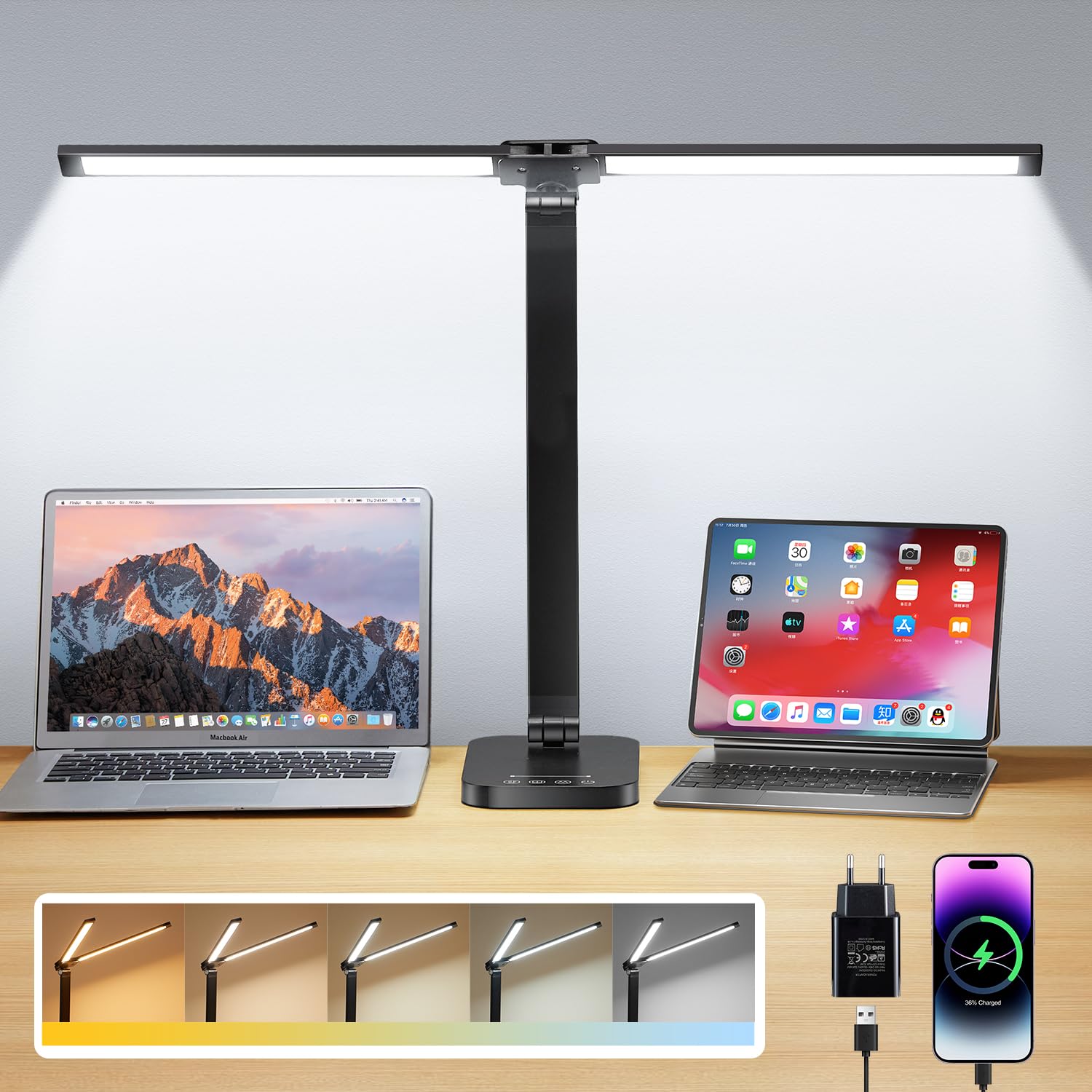 One Fire Led Lampe de bureau double tête, 10 niveaux de luminosité, 5 couleurs, avec prise d'alimentation, pliable et réglable, minuteur de 45 minutes