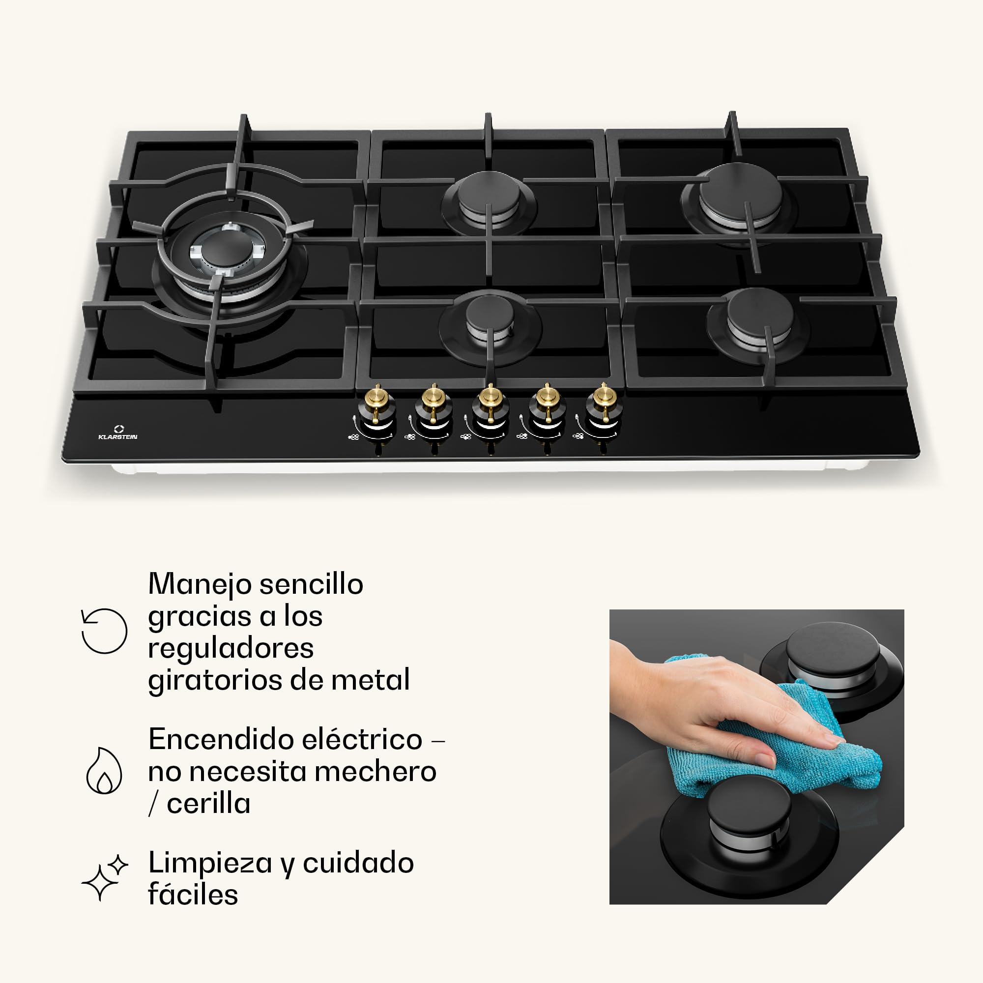 Klarstein Cocina Gas Butano 5 Quemadores 11100W, Fogones Gas Butano y Grill de Acero Inoxidable para Propano,Placa de con Termostato, Encimera para Cocinar en Exterior