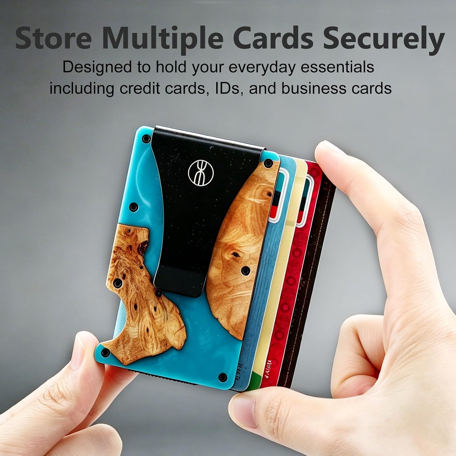 Wood Card Holder Wallet with Money Clip, Slim Minimalist Wooden Card Wallet for Men & Women, RFID Blocking (Peacock Blue)