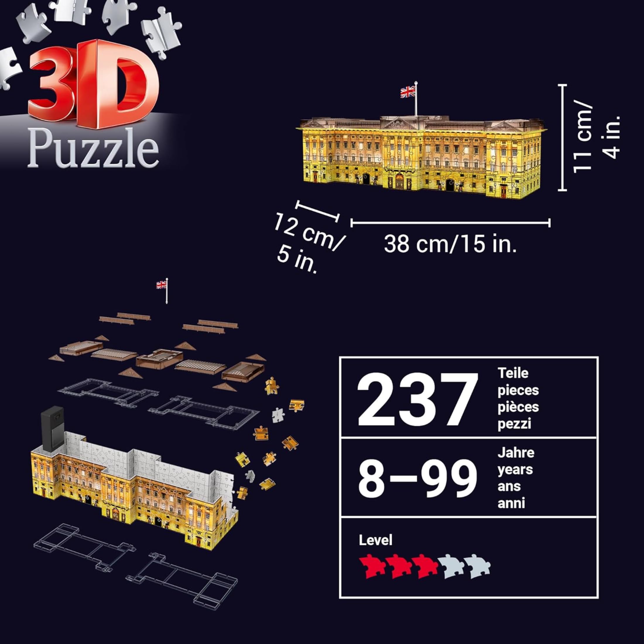 Ravensburger - Puzzle 3D Buckingham Palace Notturno LED, 237 Pezzi | Puzzle 3D LED Buckingham Palace da 237 pezzi, replica notturna di Londra da costruire, decorazione per casa e idea regalo.