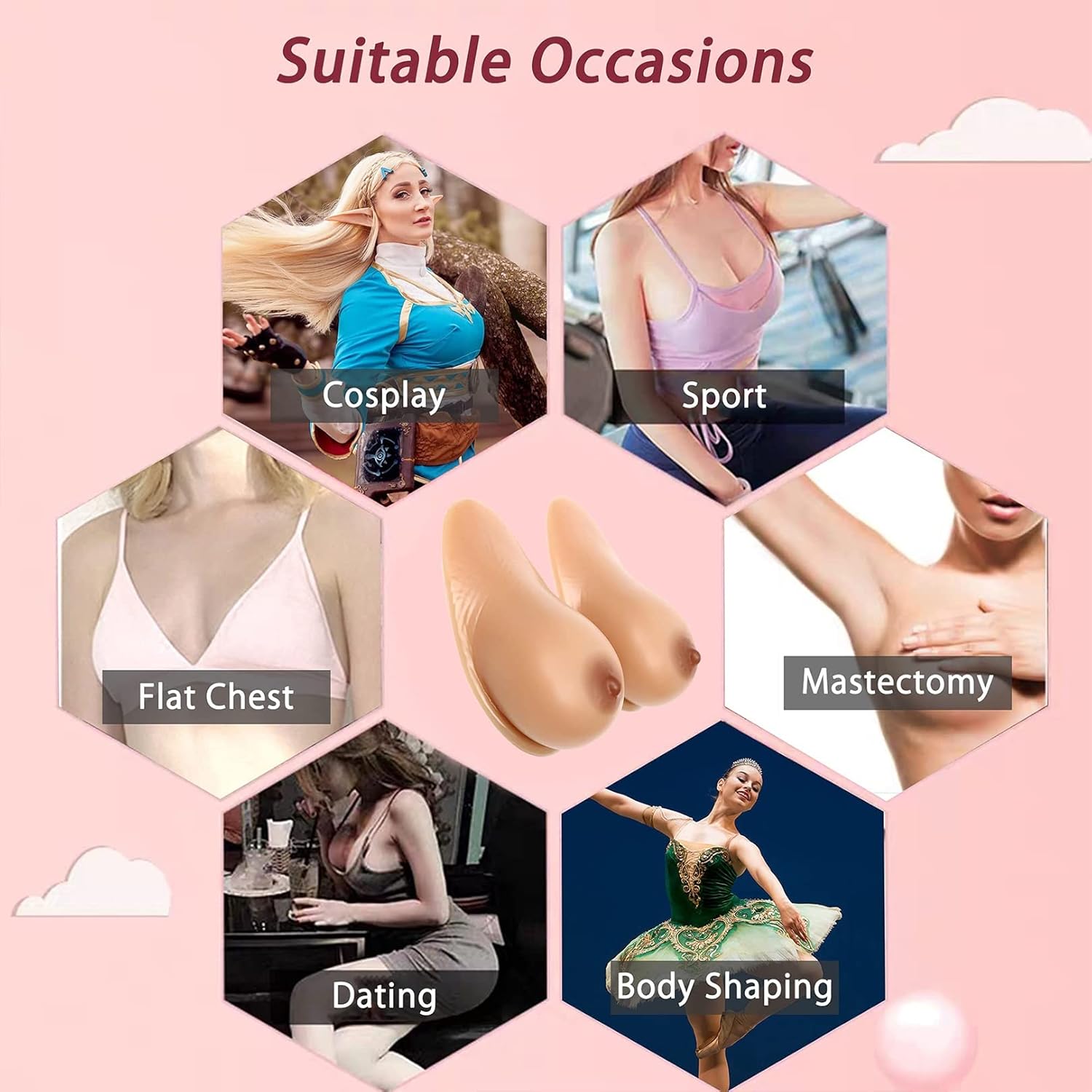 1 Pair Self Adhesive Silicone Breast Forms Lifelike Nipple for Woman Chest Improvement Lifelike Fake Breast for Mastectomy/Crossdresser/Cosplay (Size : D~Cup(1000g/pair))
