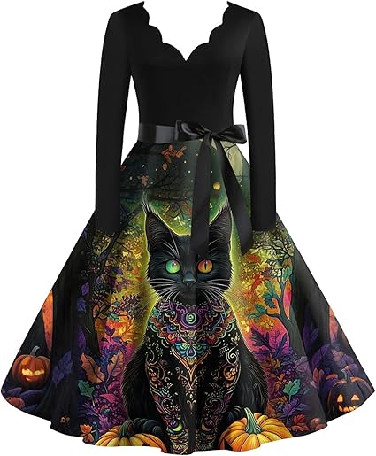 OIOLOYJM Sexy Plus Size Halloween Costumes Woman 2025 Long Sleeve V Neck Printed Gothic Retro Formal Party Dresses for Women