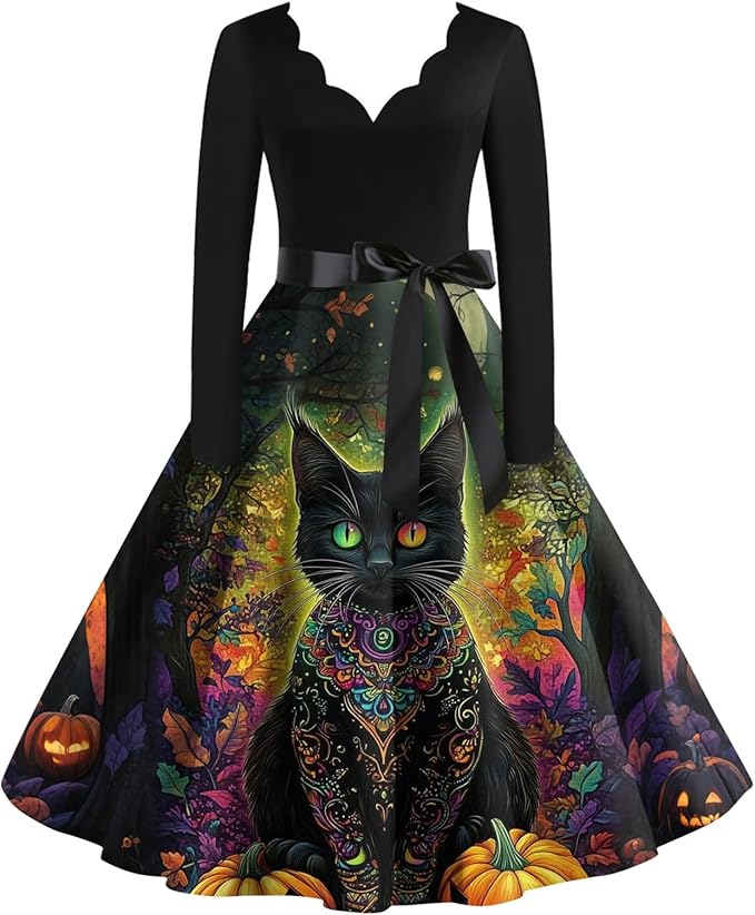 OIOLOYJM Sexy Plus Size Halloween Costumes Woman 2025 Long Sleeve V Neck Printed Gothic Retro Formal Party Dresses for Women