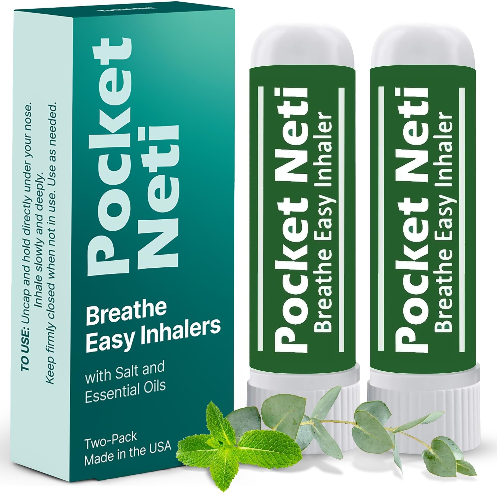 Basic Vigor Pocket Neti Breathe Easy Himalayan Salt Aromatherapy Sinus Inhaler 2 Pack with Essential Oils. Natural Nasal Stick/Nasal Inhaler with Eucalyptus. Made in the USA.