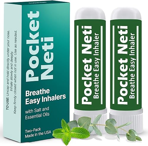 Basic Vigor Pocket Neti Breathe Easy - Inhalador sinusal de aromaterapia con sal del Himalaya, paquete de 2 con aceites esenciales. Inhalador nasal