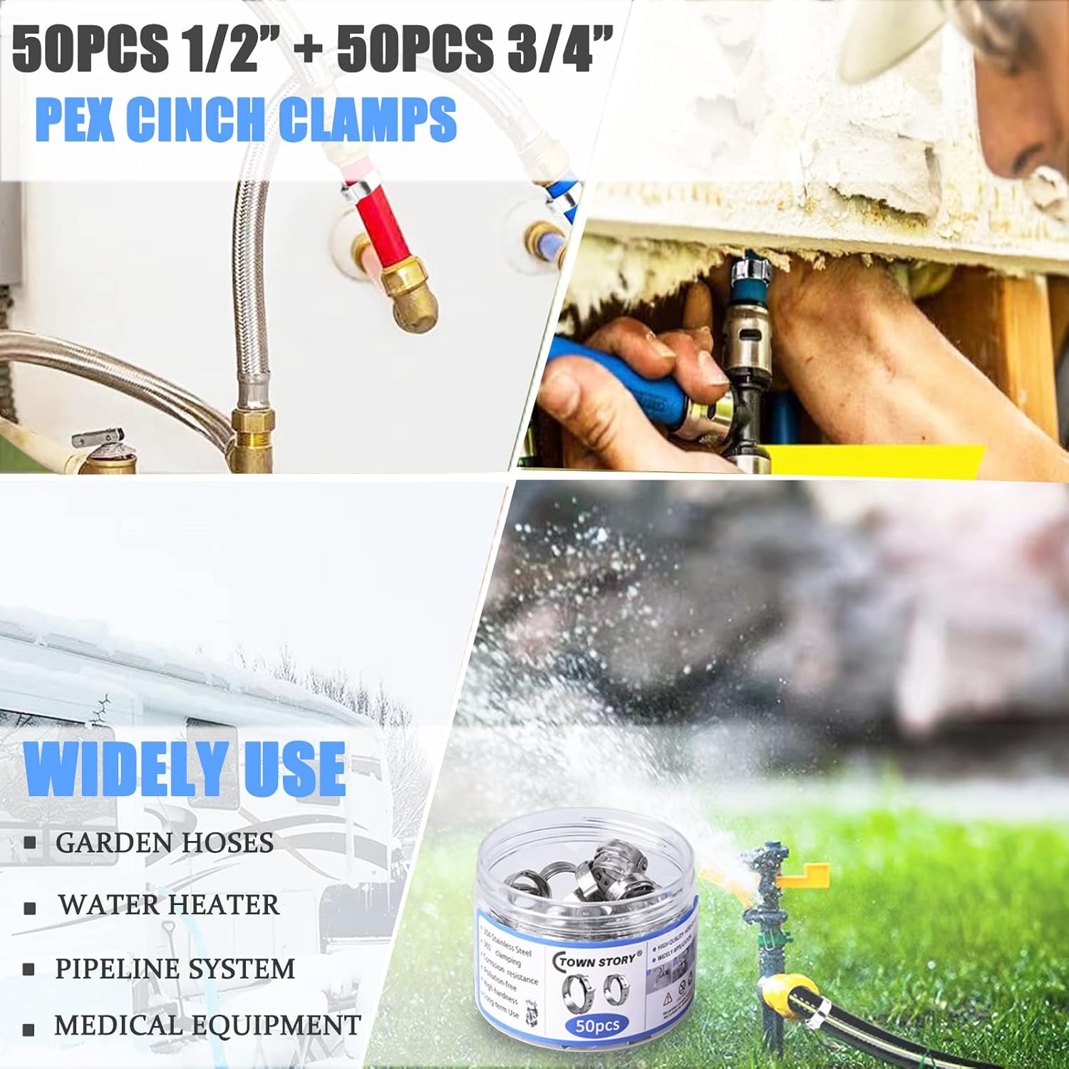 TOWN STORY PEX Hose Clamps, 100Pcs Pex Crimping Clamps,50Pcs 1/2 Inch and 50Pcs 3/4 Inch Pex Cinch Clamp 304 Stainless Steel, for PEX Tubing PEX Pipe Fitting Connections - - 