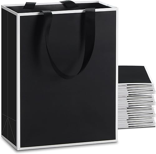 Miniatura 1 de Bolsas de regalo negras con asas de cinta, 20 bolsas de papel negras medianas de 8 x 4.25 x 10.5 pulgadas, bolsa de compras, bolsa de regalo para