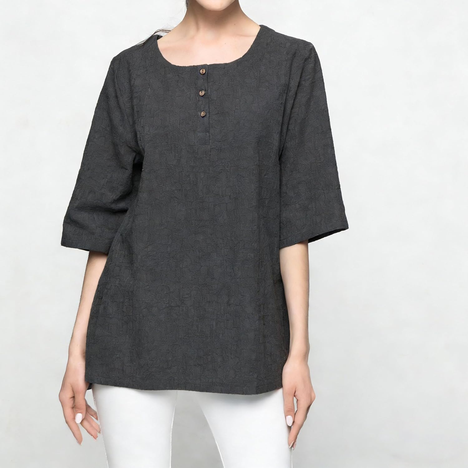 FTCayanz Women's Linen Tops Shirts Summer Casual Jacquard Tunic Blouse - Image 2